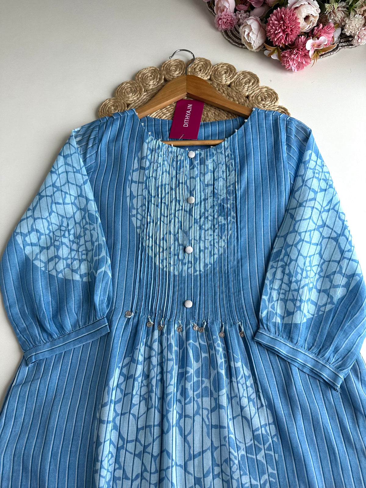 K238 - Cotton pintex floral Aline Kurti with pants in 2 colours