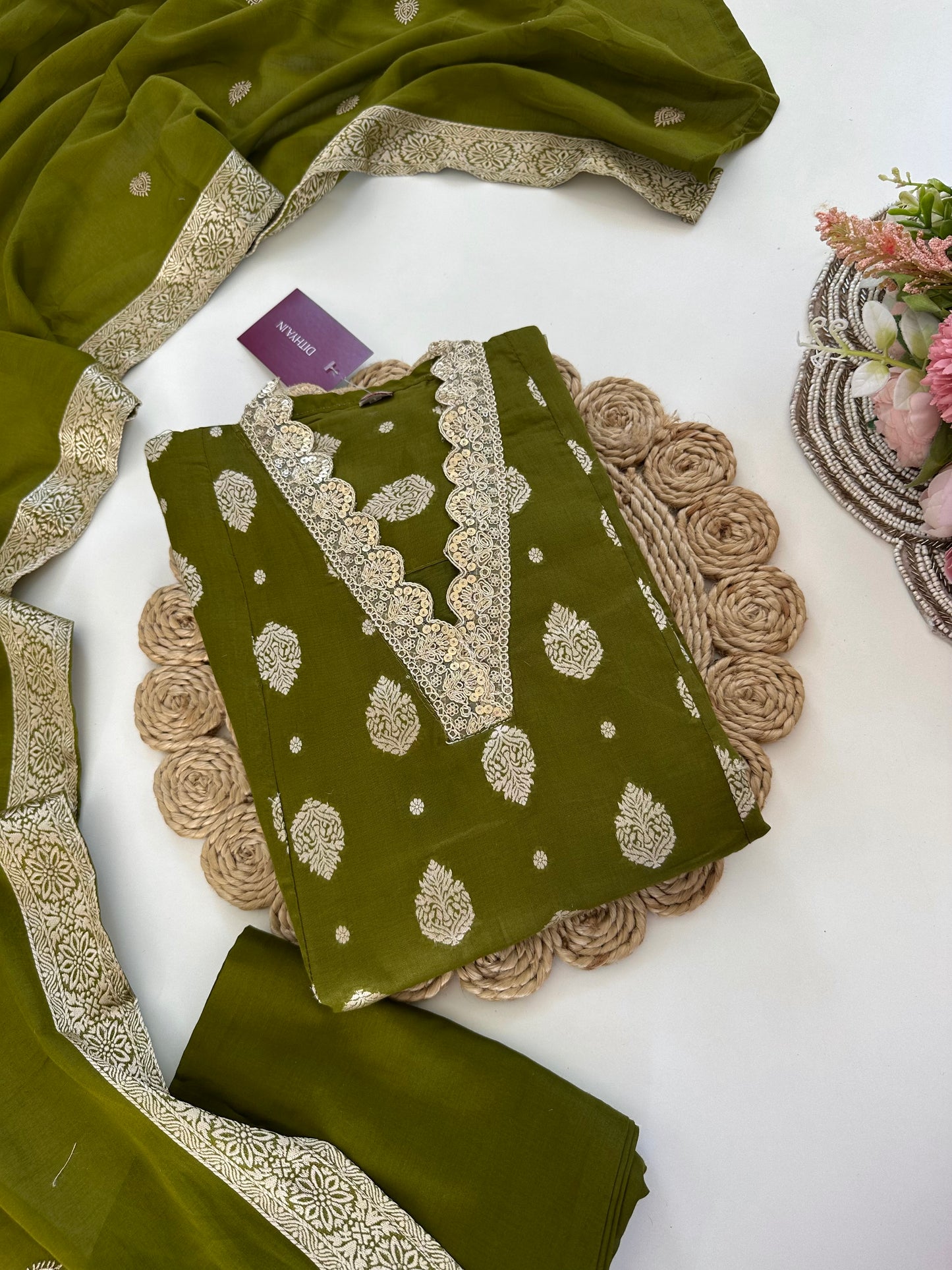 K094 - Cotton Jacquard Aline Kurti with pants and dupatta in 3 colours.