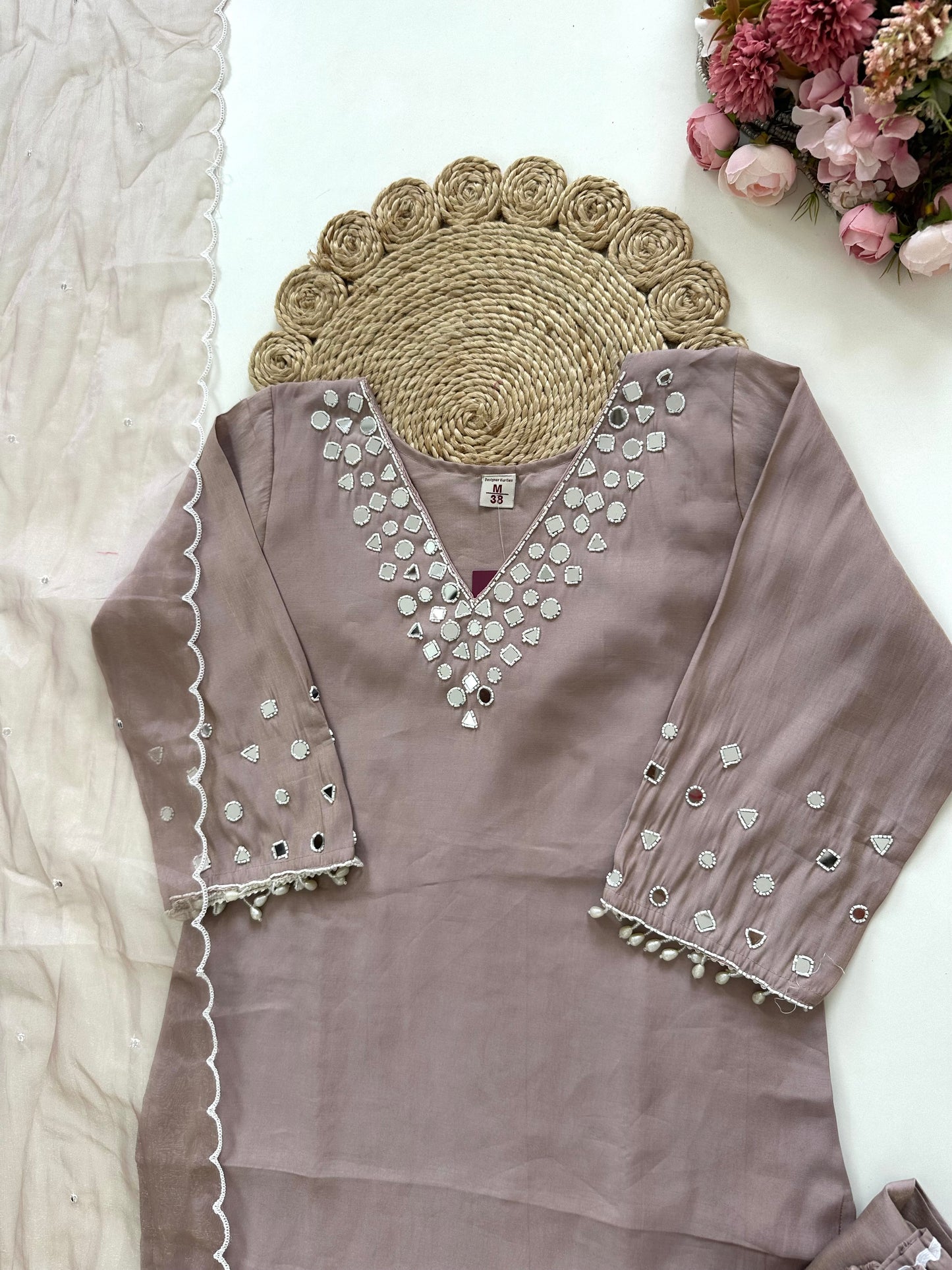 K209 - Shimmer silk mirror work straight Kurti with pants and dupatta in 3 colours