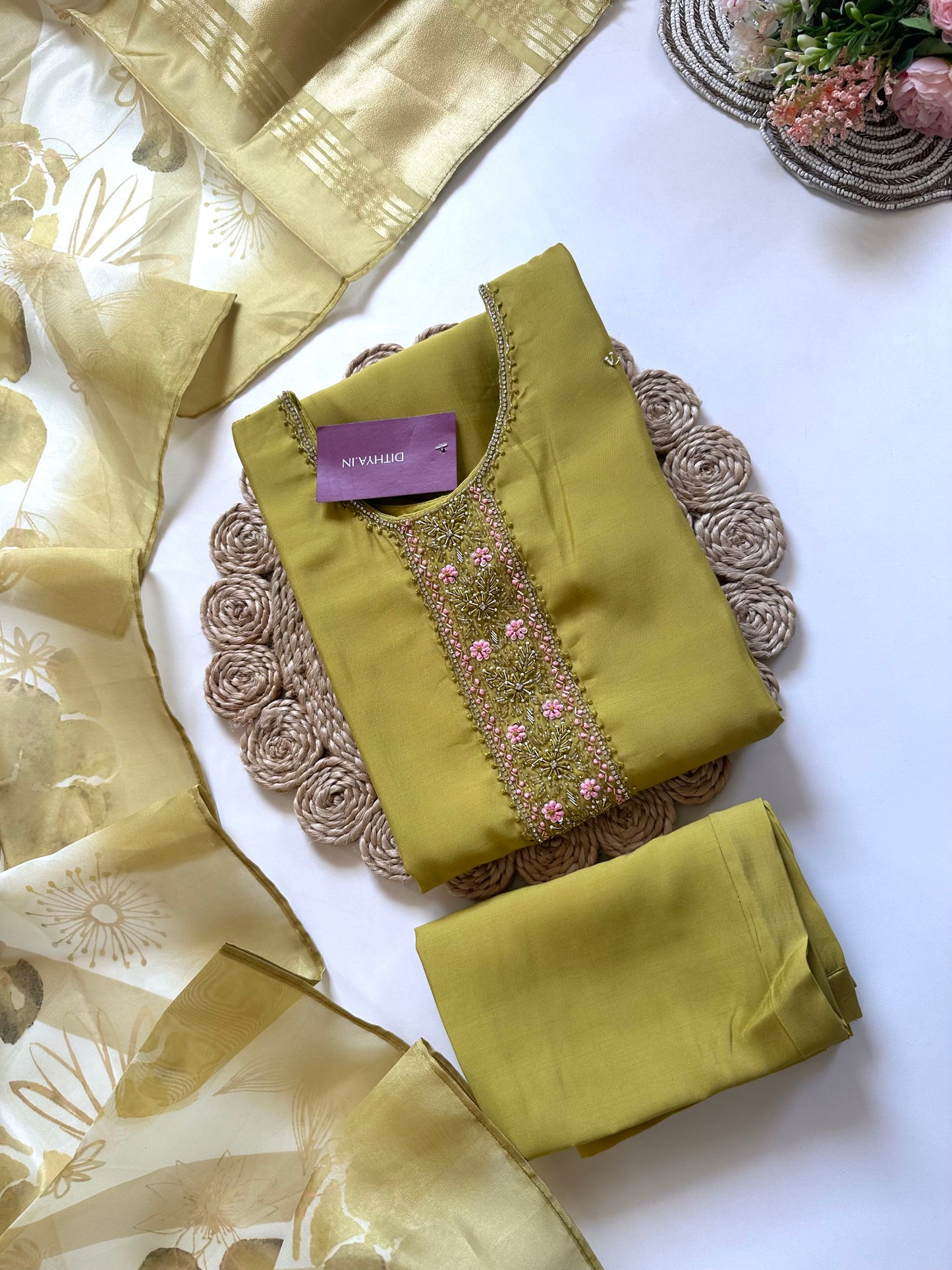 K198 - Roman silk handwork straight kurti with pants and dupatta in 2 colours.