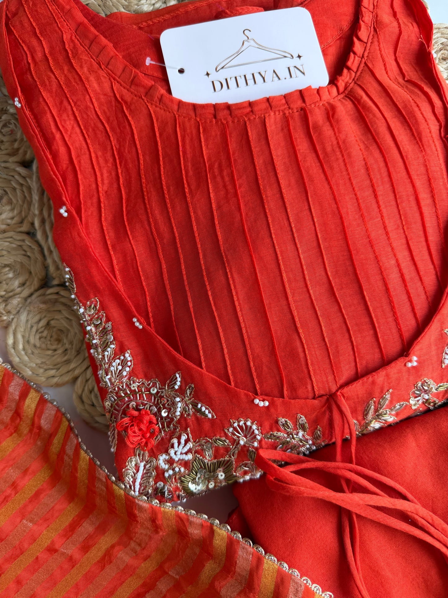 K521 - Mul chanderi Handwork aline Kurti with pants and dupatta