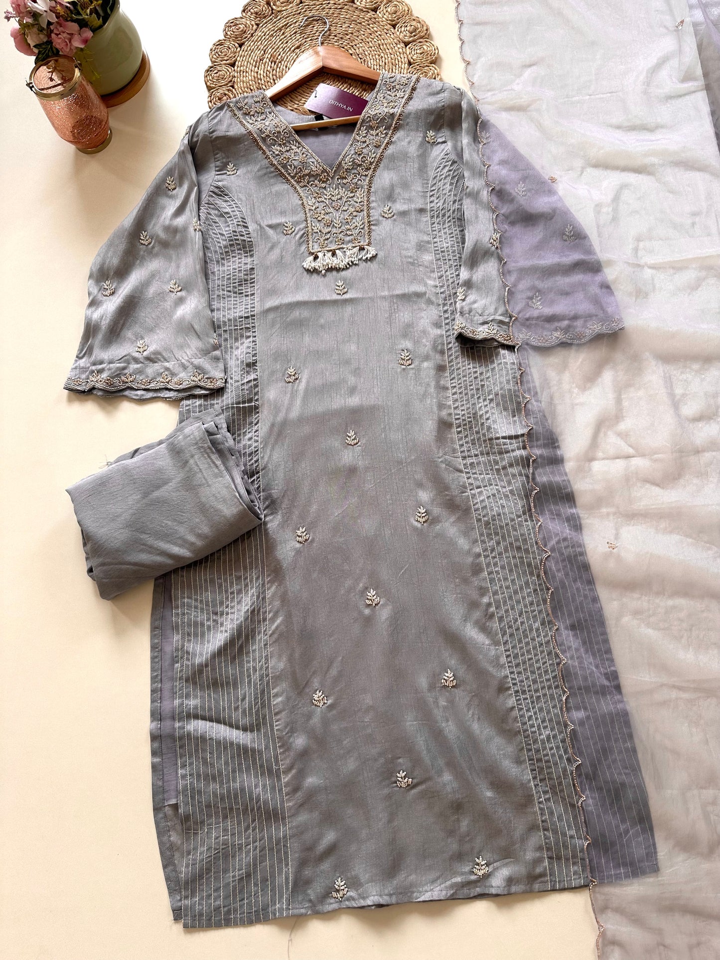 K130 - Russian silk Handwork straight kurti with pants and dupatta .