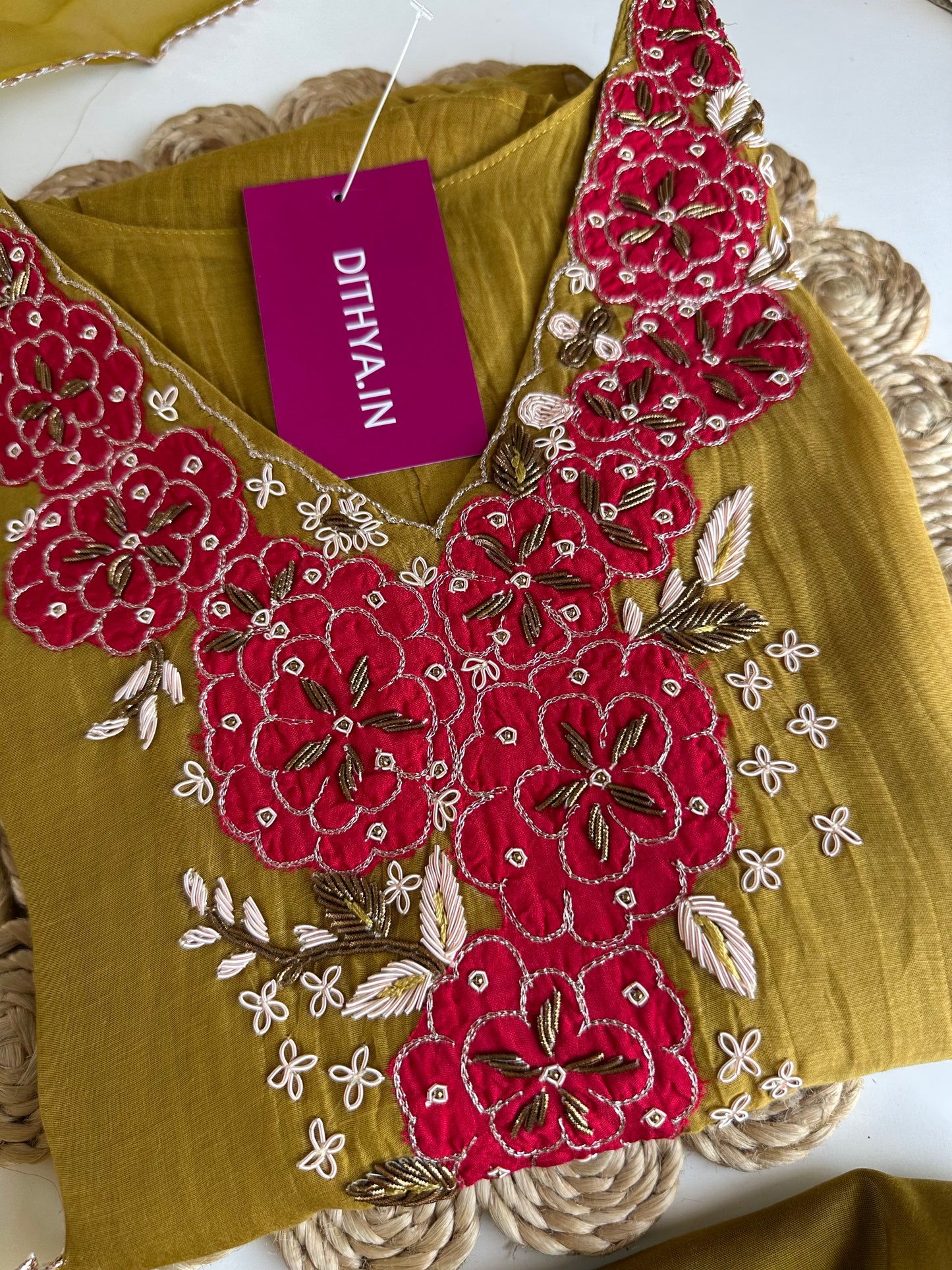 K167 - Pure mul Chanderi handwork Aline Kurti with pants and dupatta