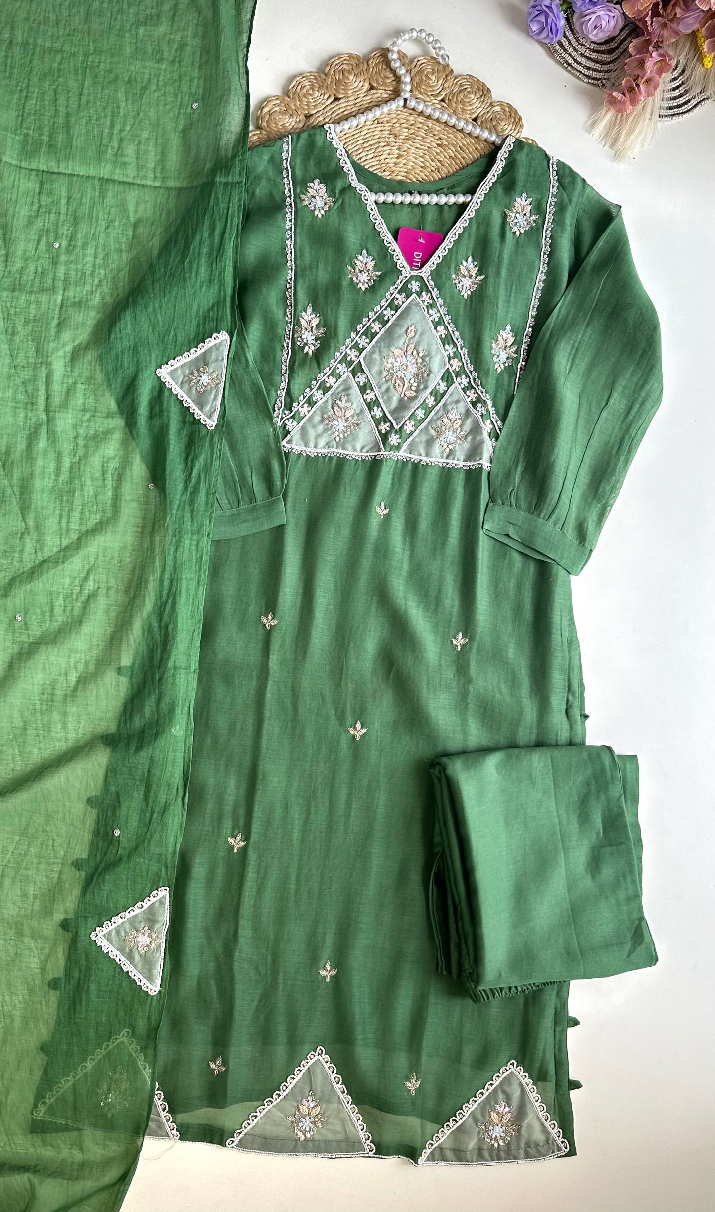K329 - Mul Chanderi handwork straight Kurti with pants and dupatta