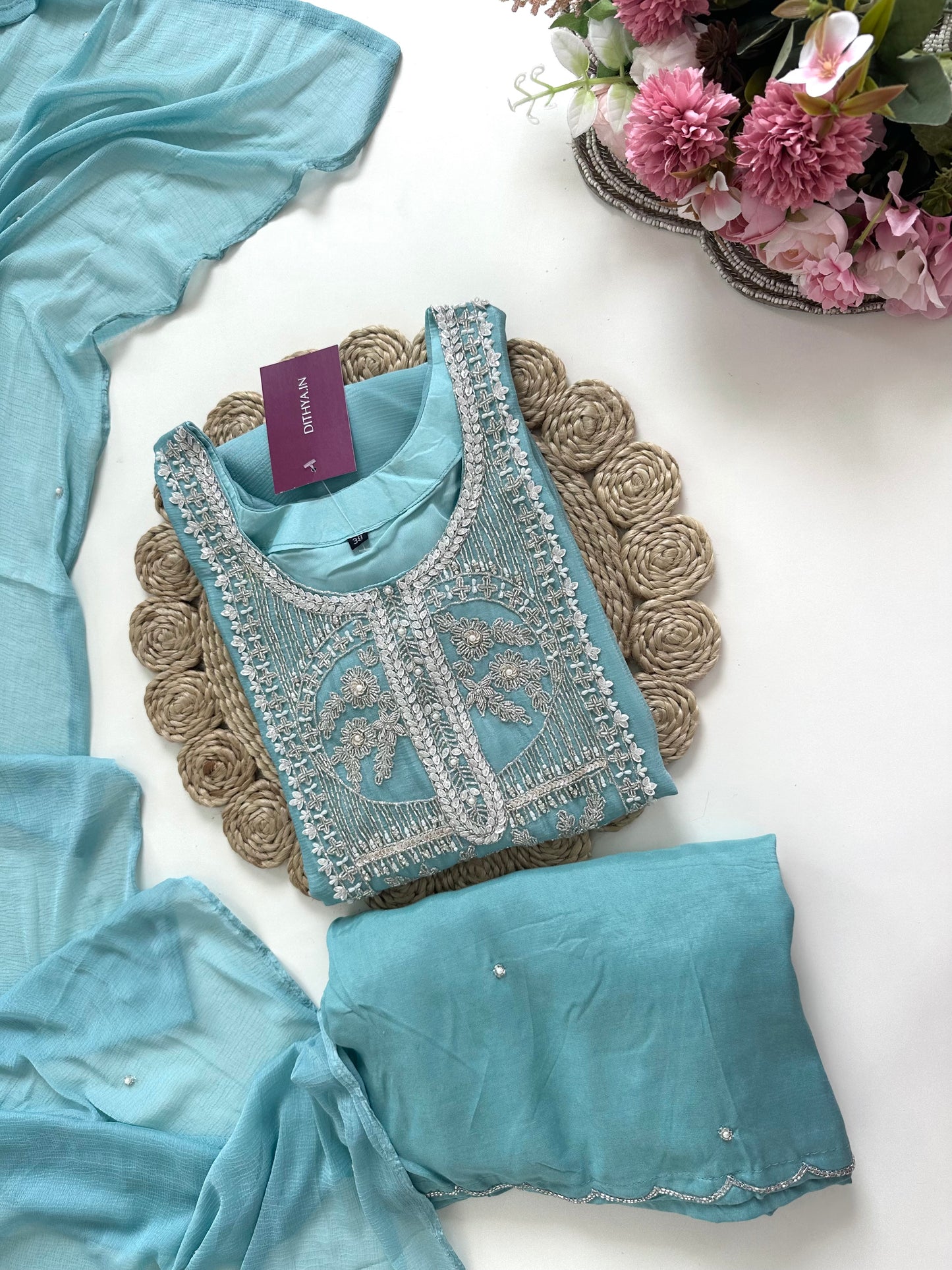 K165 - Chinnon heavy handwork short Kurti with palazzo and dupatta