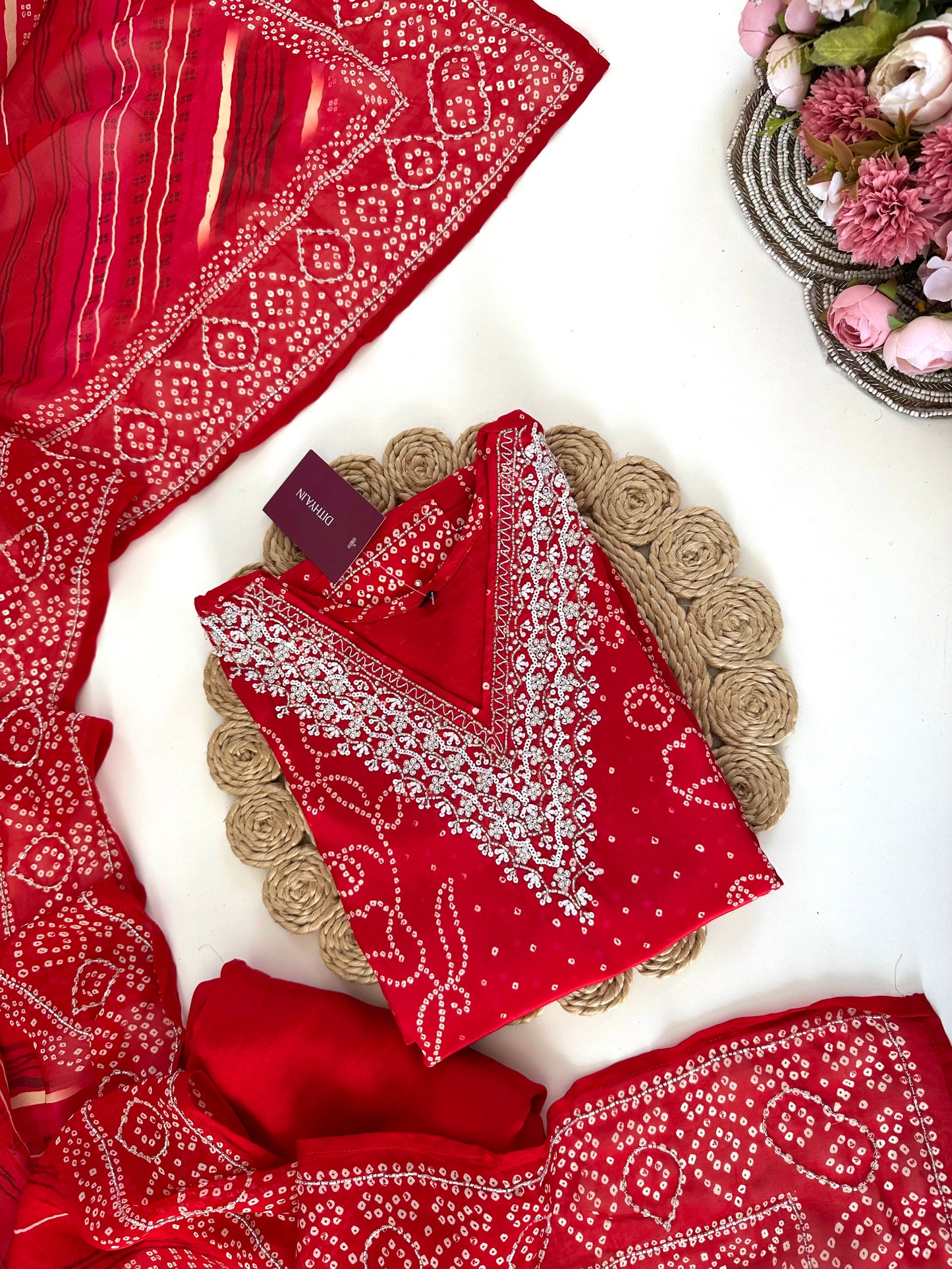 K174 - Pure crape handwork straight Kurti with pants and dupatta in 2 colours