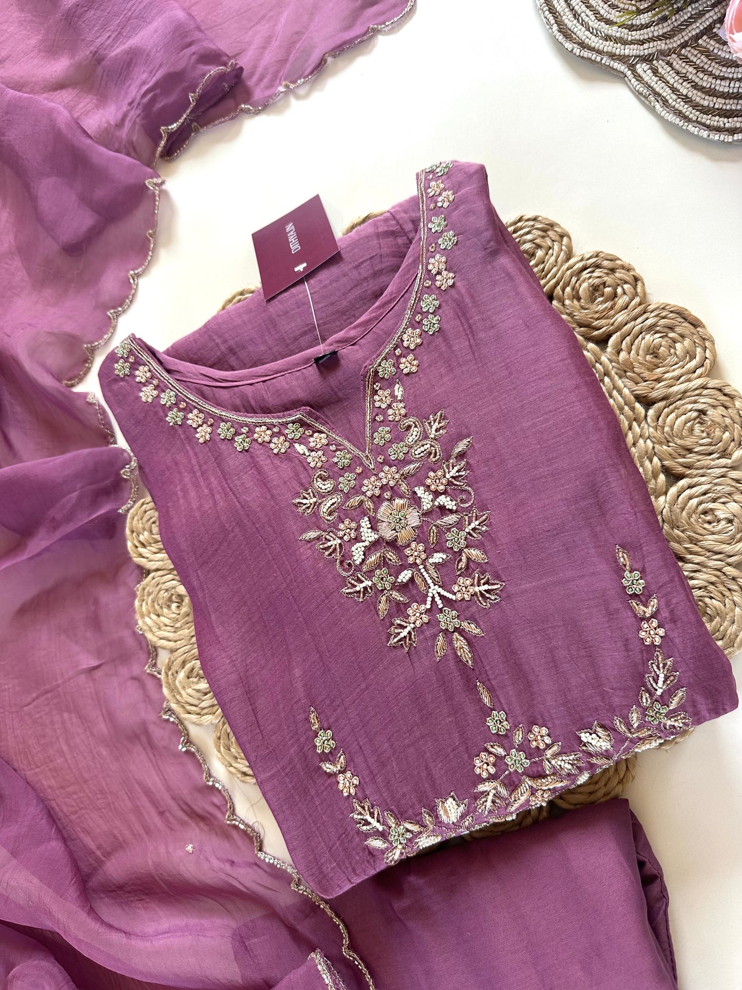 K247 - Mul Chanderi Zardosi Aline Kurti with pants and dupatta .