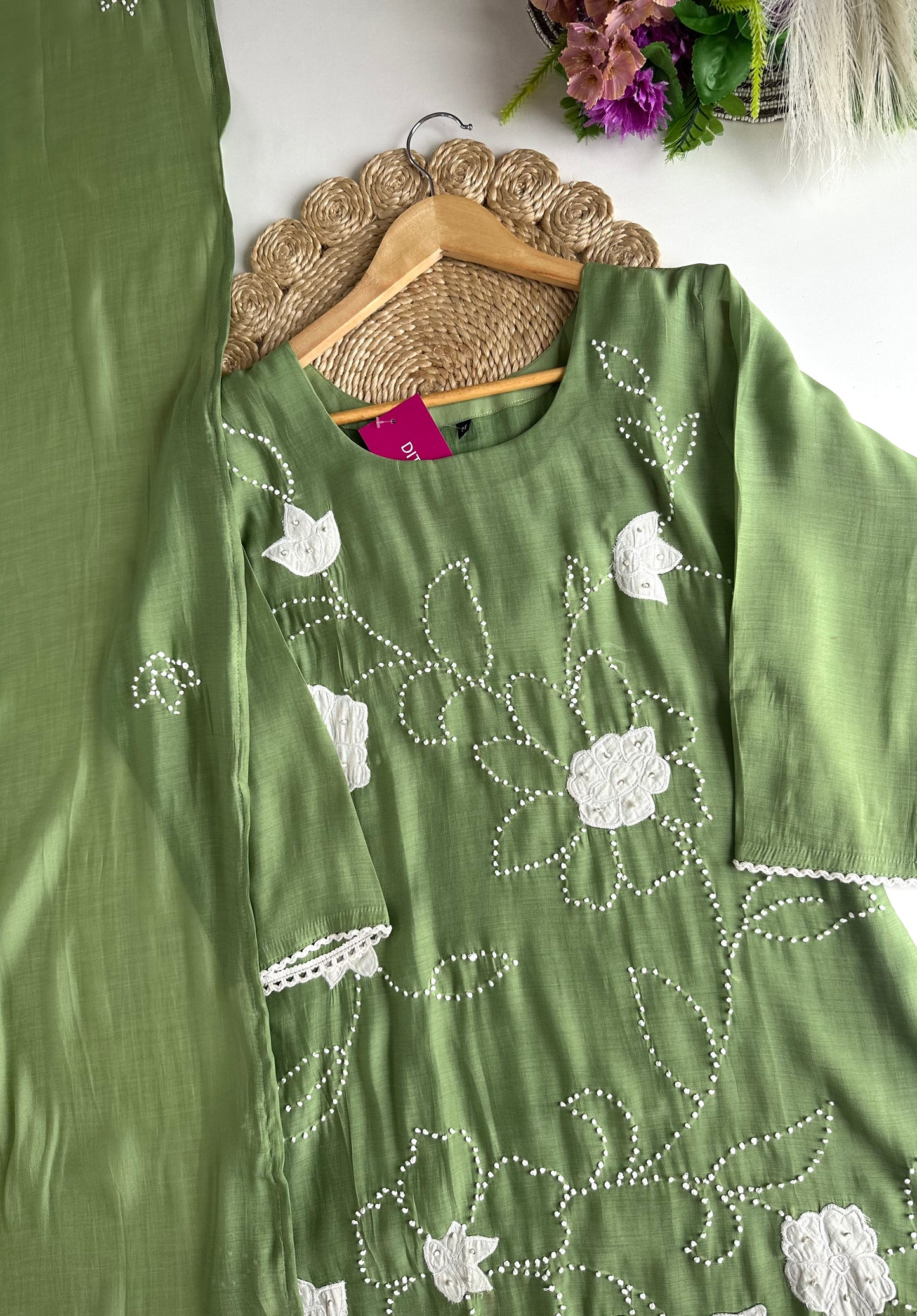 K214 - Mul Chanderi appliqué knot work Aline Kurti with pants and dupatta