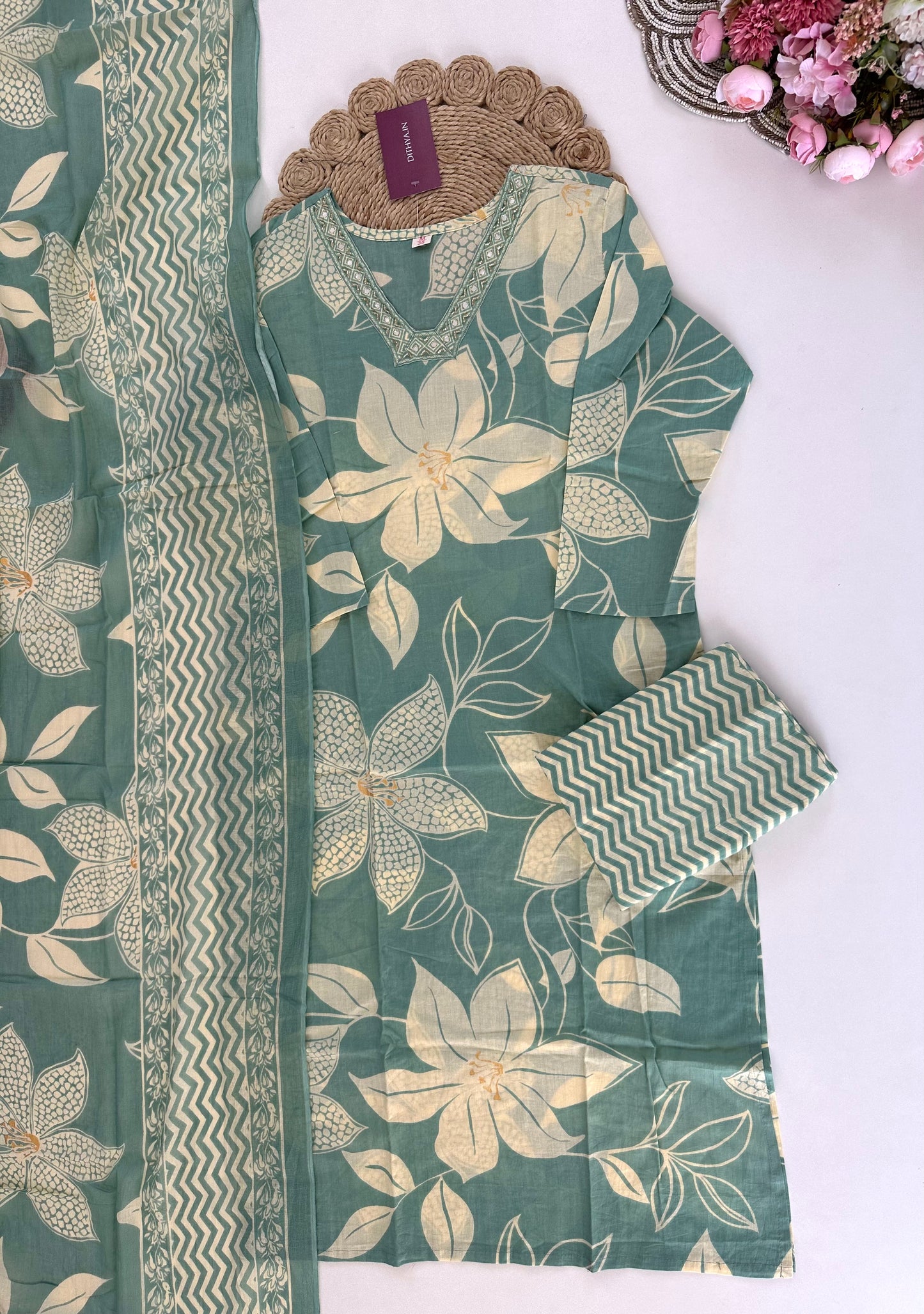 K279 - Cotton printed straight Kurti with pants and dupatta