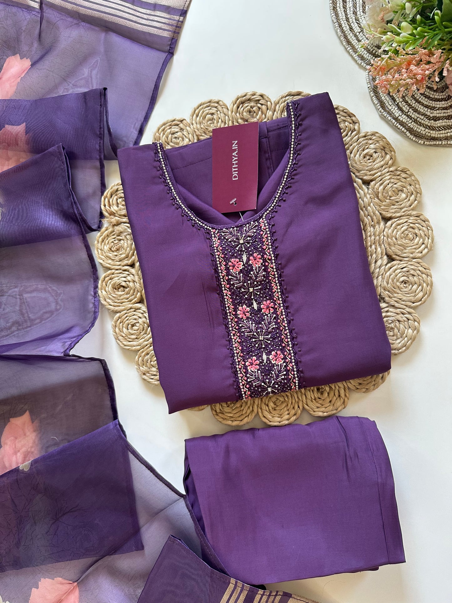 K198 - Roman silk handwork straight kurti with pants and dupatta in 2 colours.