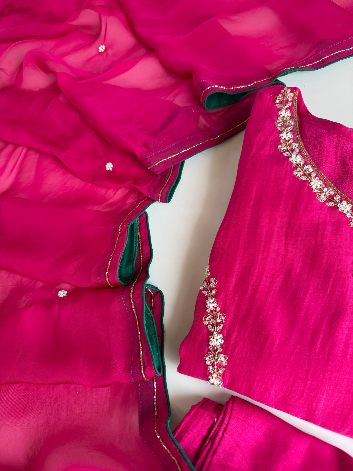 K507 - Mul chanderi handwork aline Kurti with pants and dupatta