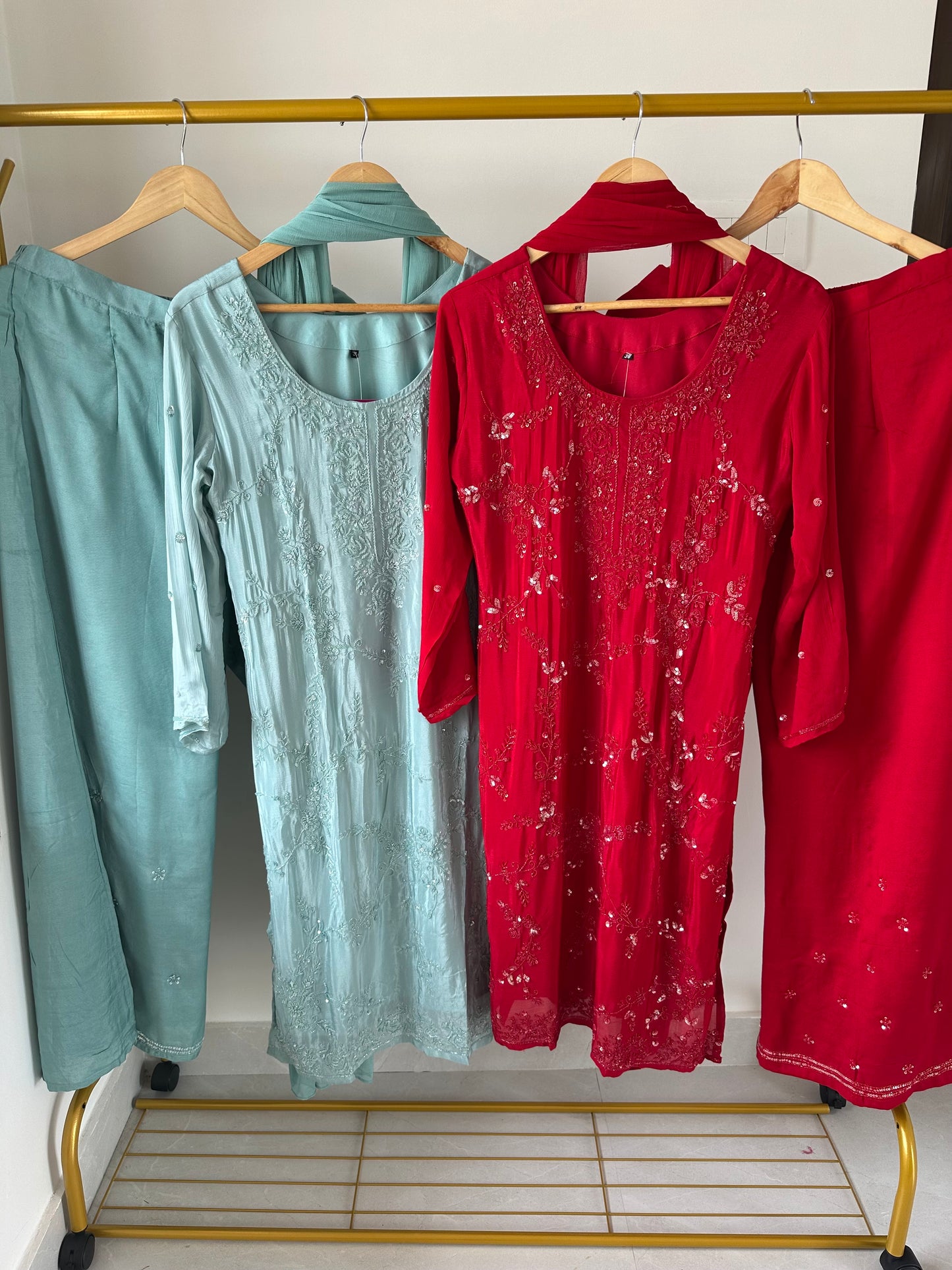 K256 - Chinnon Handwork Kurti with palazzo pants and chiffon dupatta