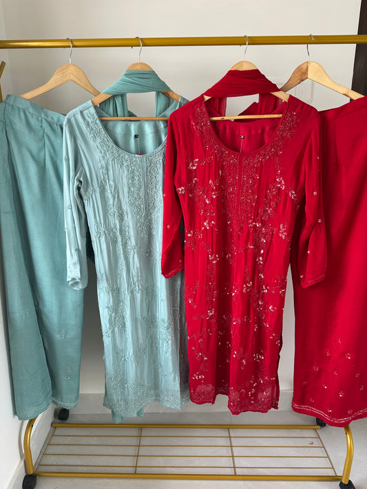 K256 - Chinnon Handwork Kurti with palazzo pants and chiffon dupatta