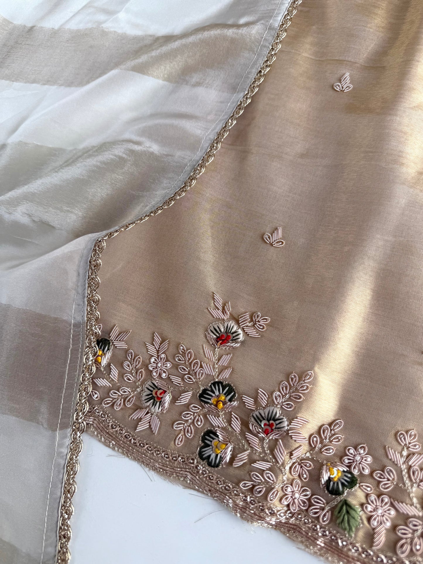 K570 - Tissue silk handwork short Kurti with divider pants and dupatta