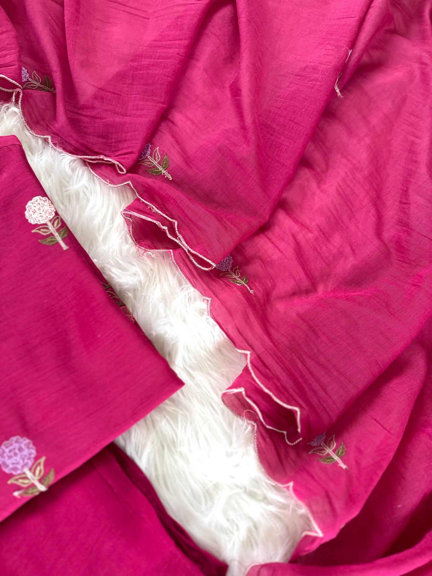 K035 - Mul Chanderi appliqué work straight Kurti with pants and dupatta