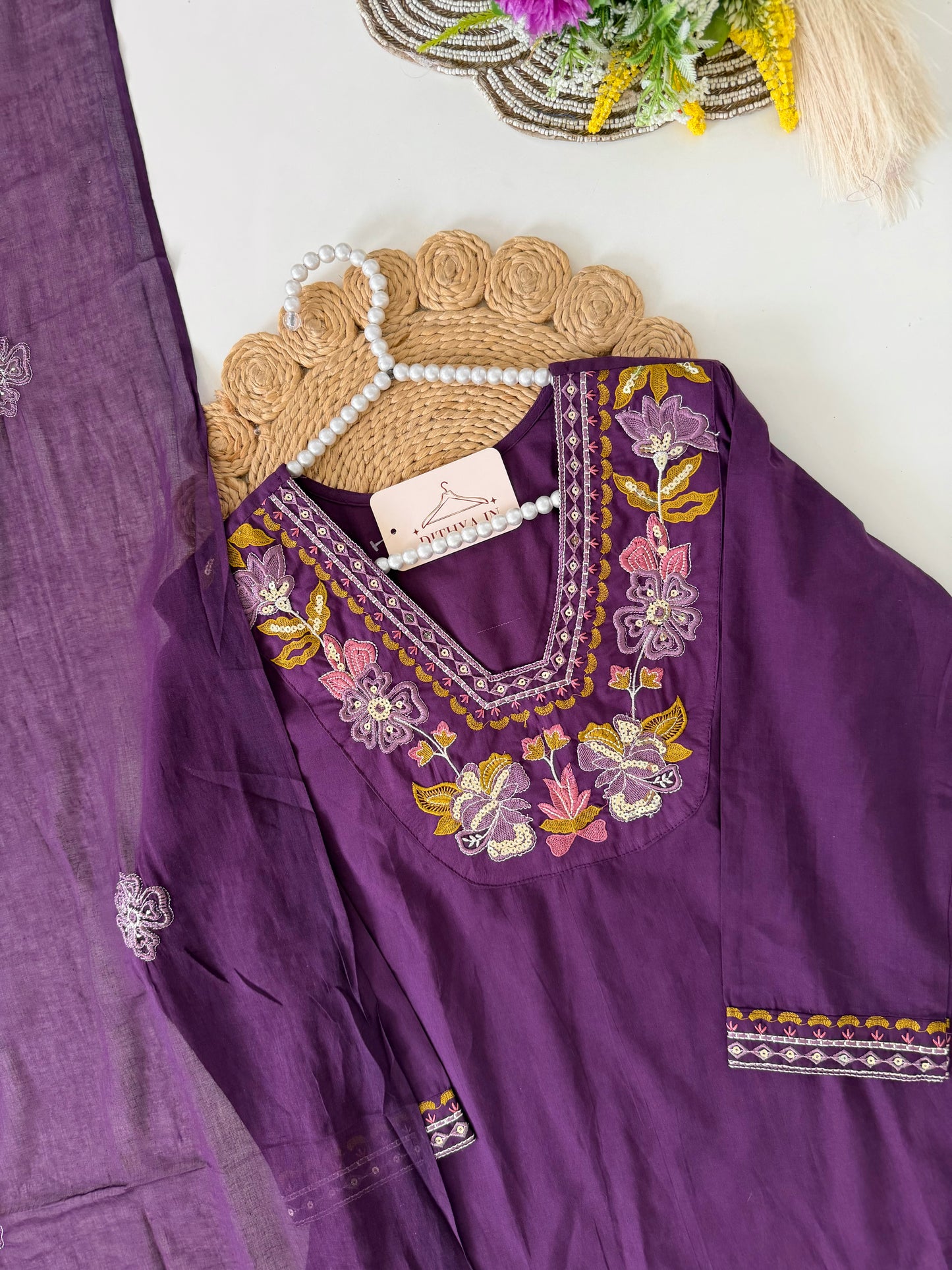 K100 - Mul cotton embroidered aline Kurti with pants and dupatta in 2 colours
