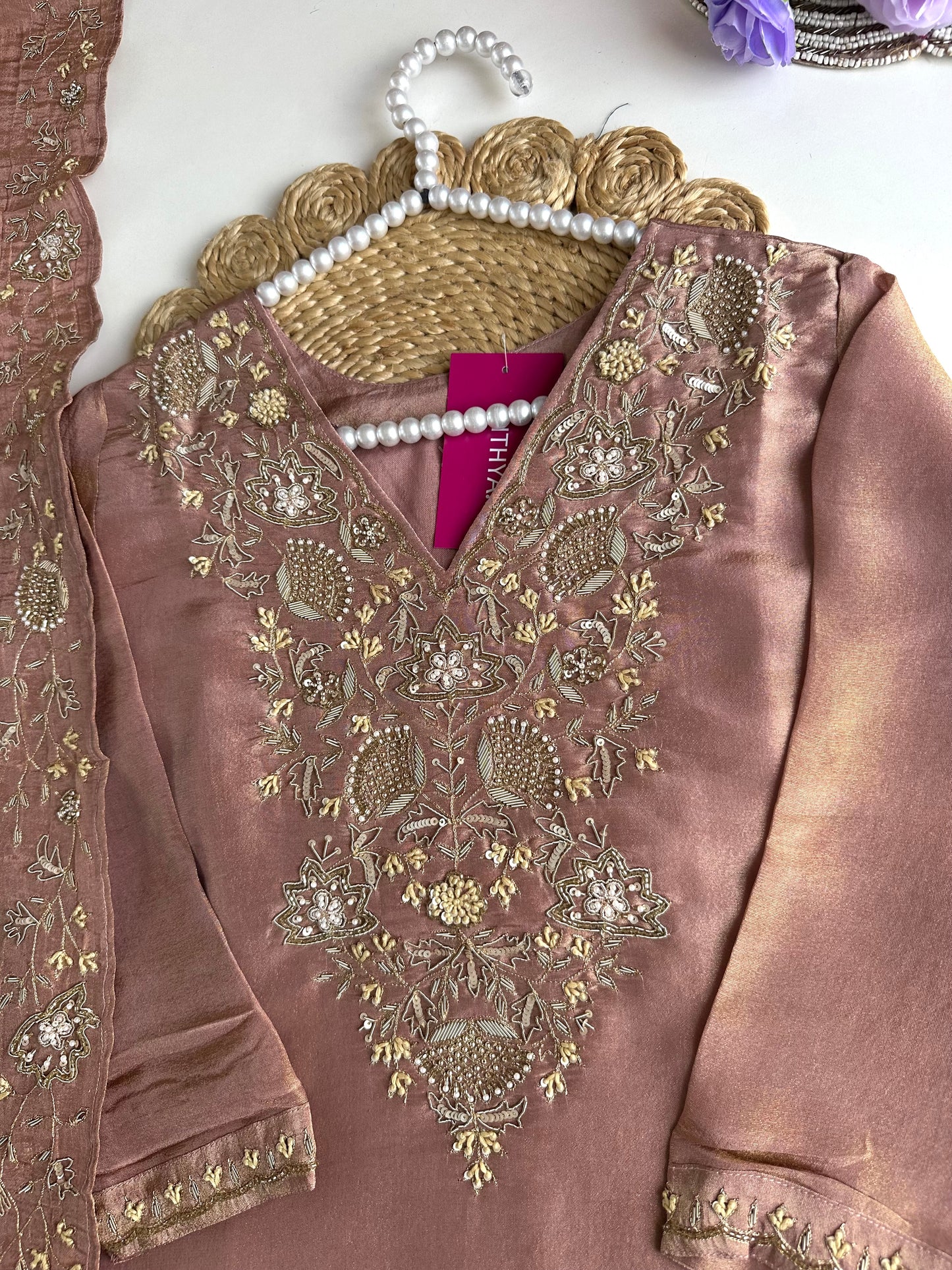 K060 - Tissue silk handwork straight kurti with pants and crushed dupatta