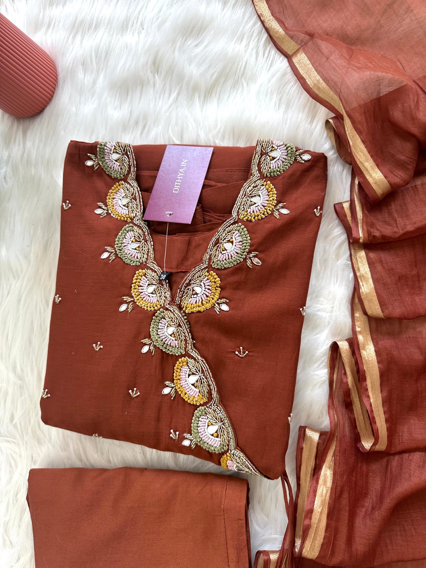 K049 - Mul Chanderi handwork Angrakha Anarkali with pants and dupatta