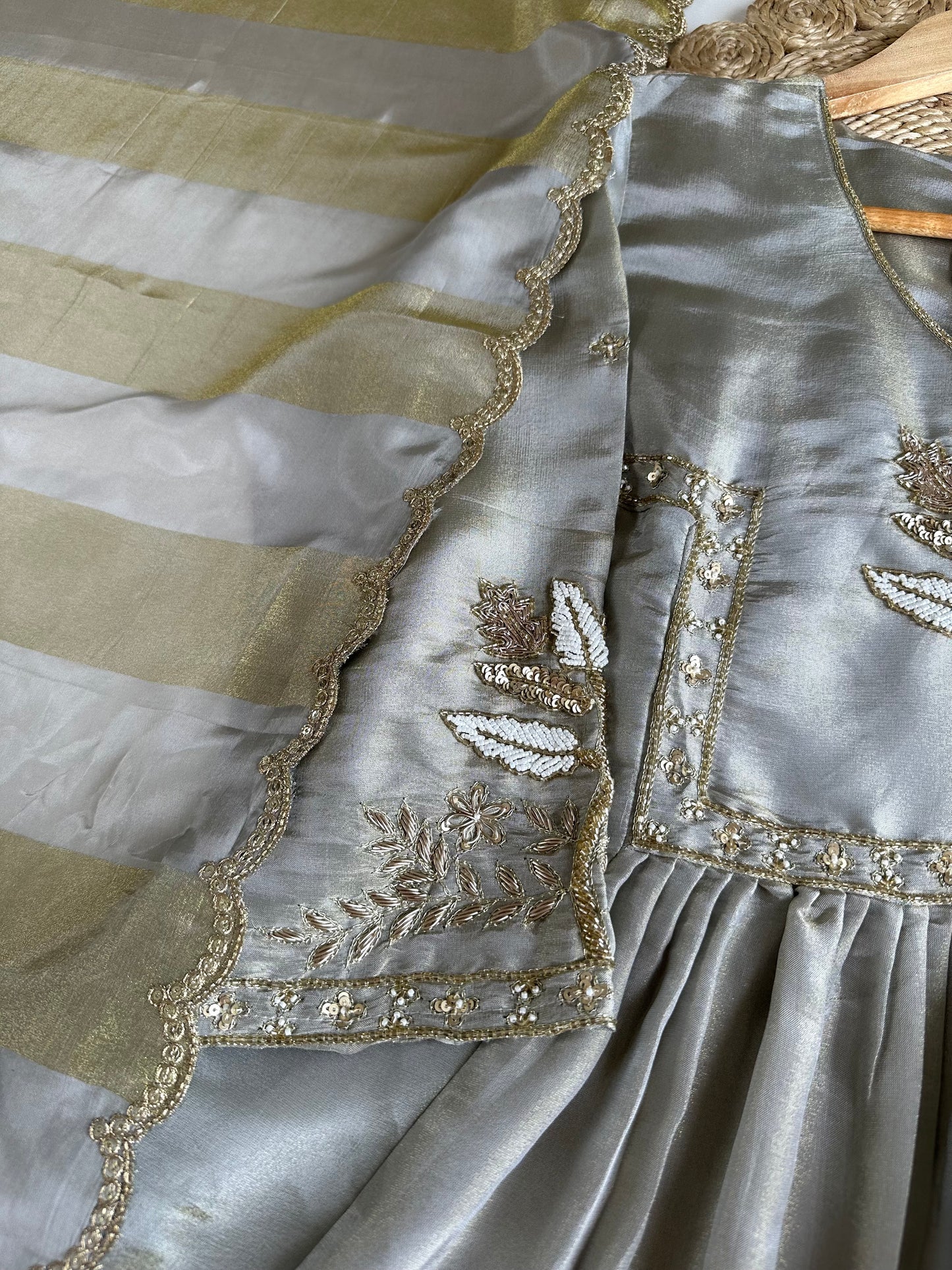 K135 - Tissue silk handwork Anarkali with pants and dupatta