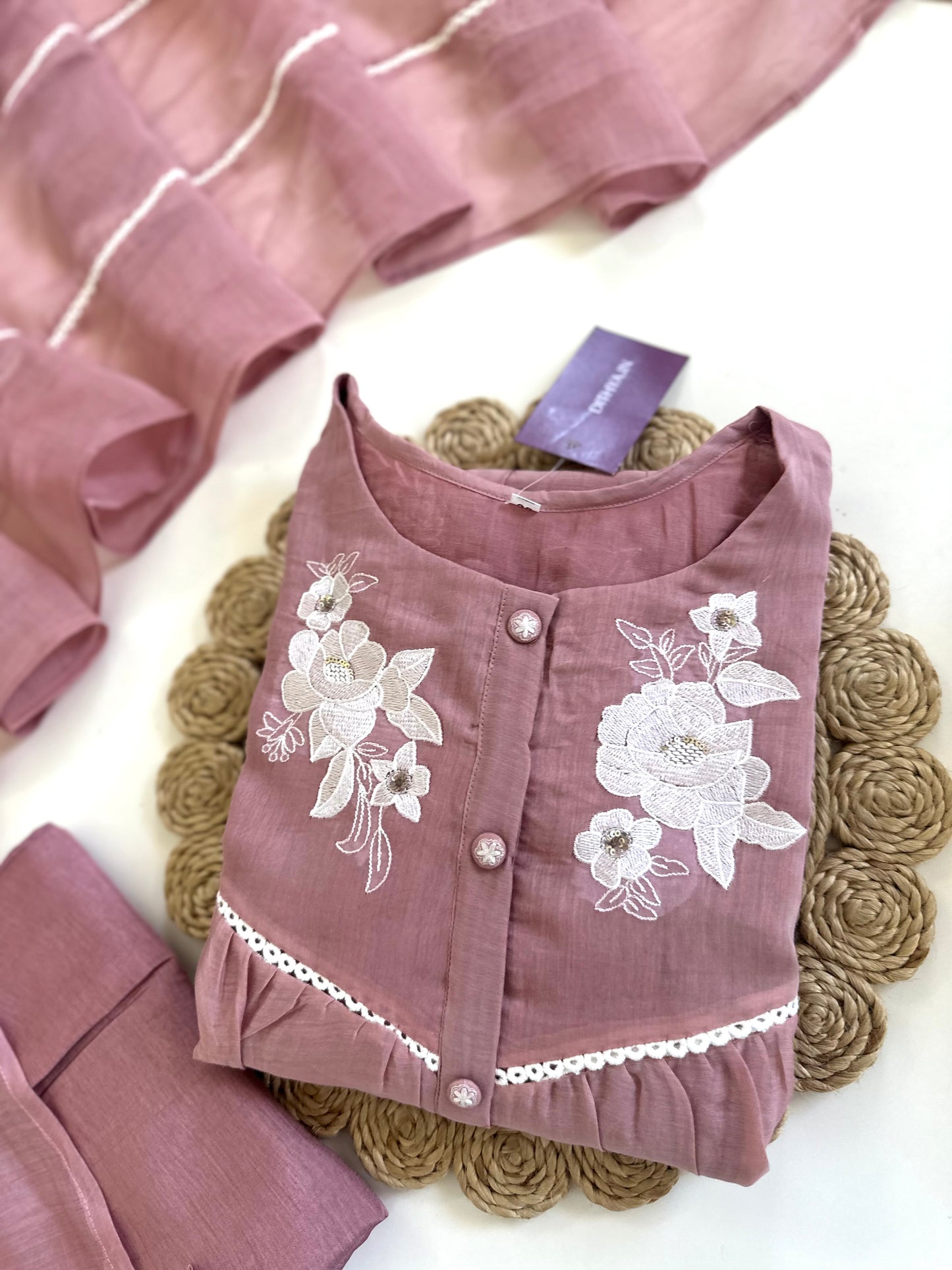 K060 - Mul Chanderi hand embroidered Aline Kurti with pants and dupatta