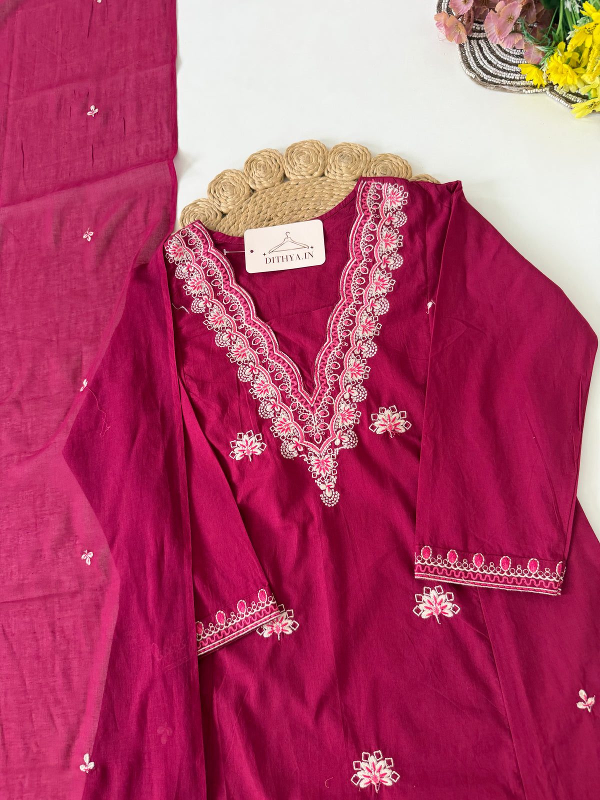 K434 - Mul cotton embroidered Aline Kurti with pants and dupatta