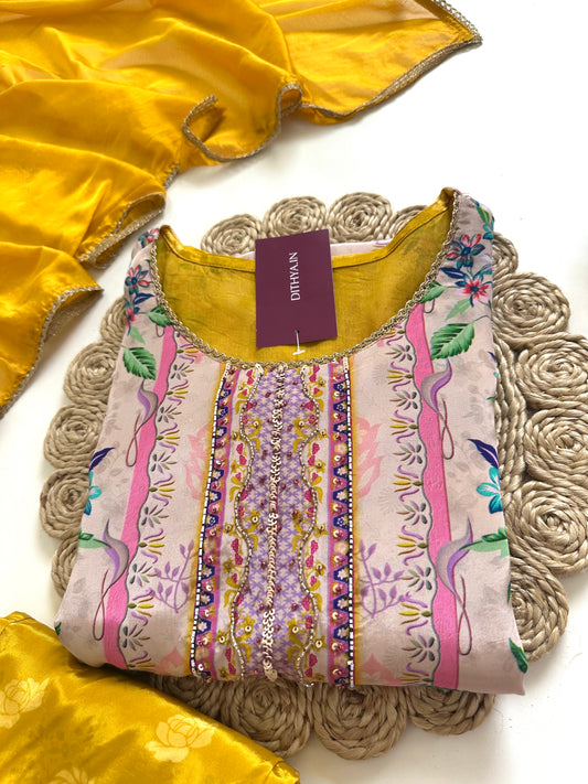 K070 - Pure crepe floral printed Aline Kurti with pants and dupatta