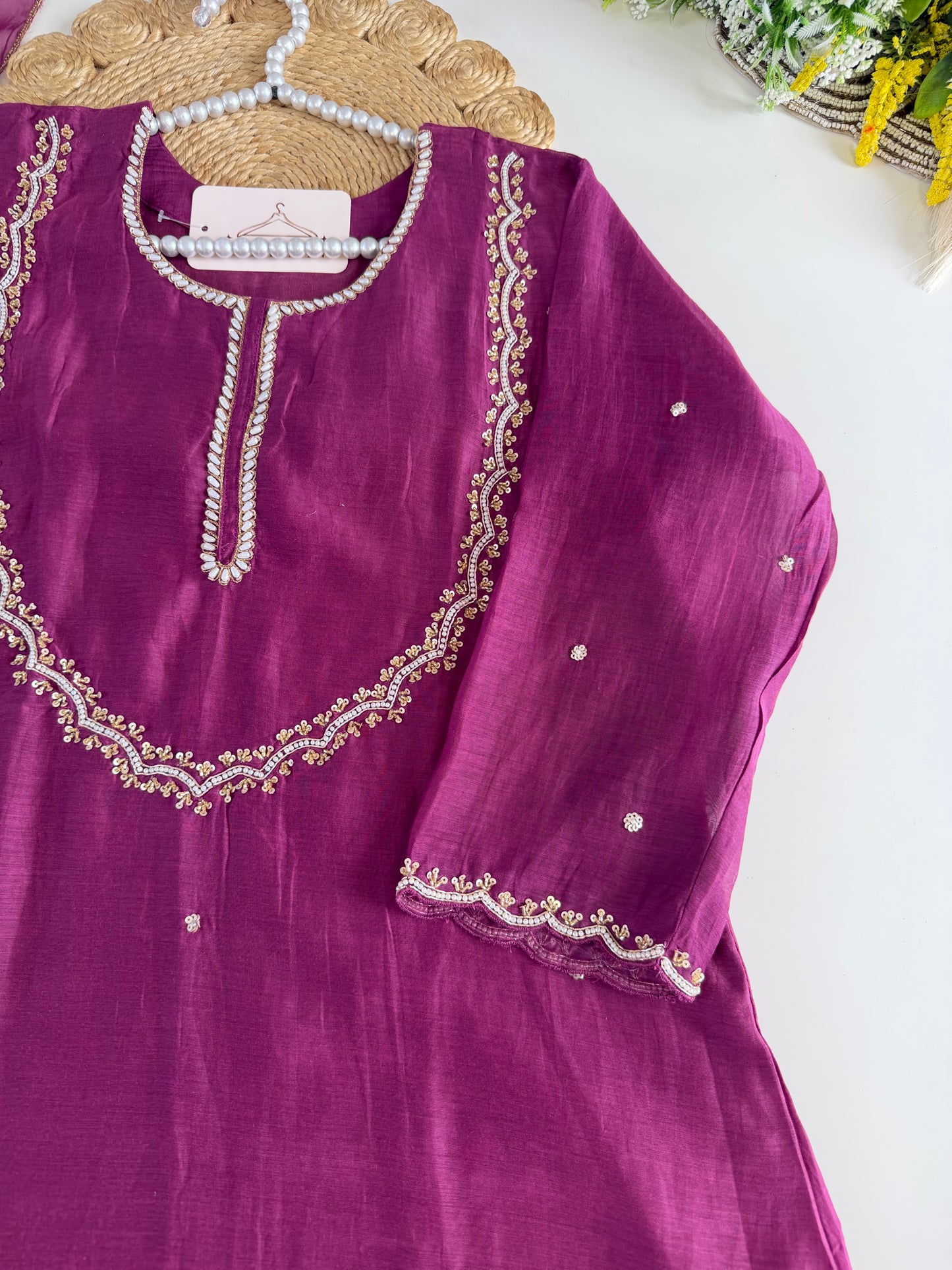 K533 - Mul chanderi handwork aline Kurti with pants and dupatta