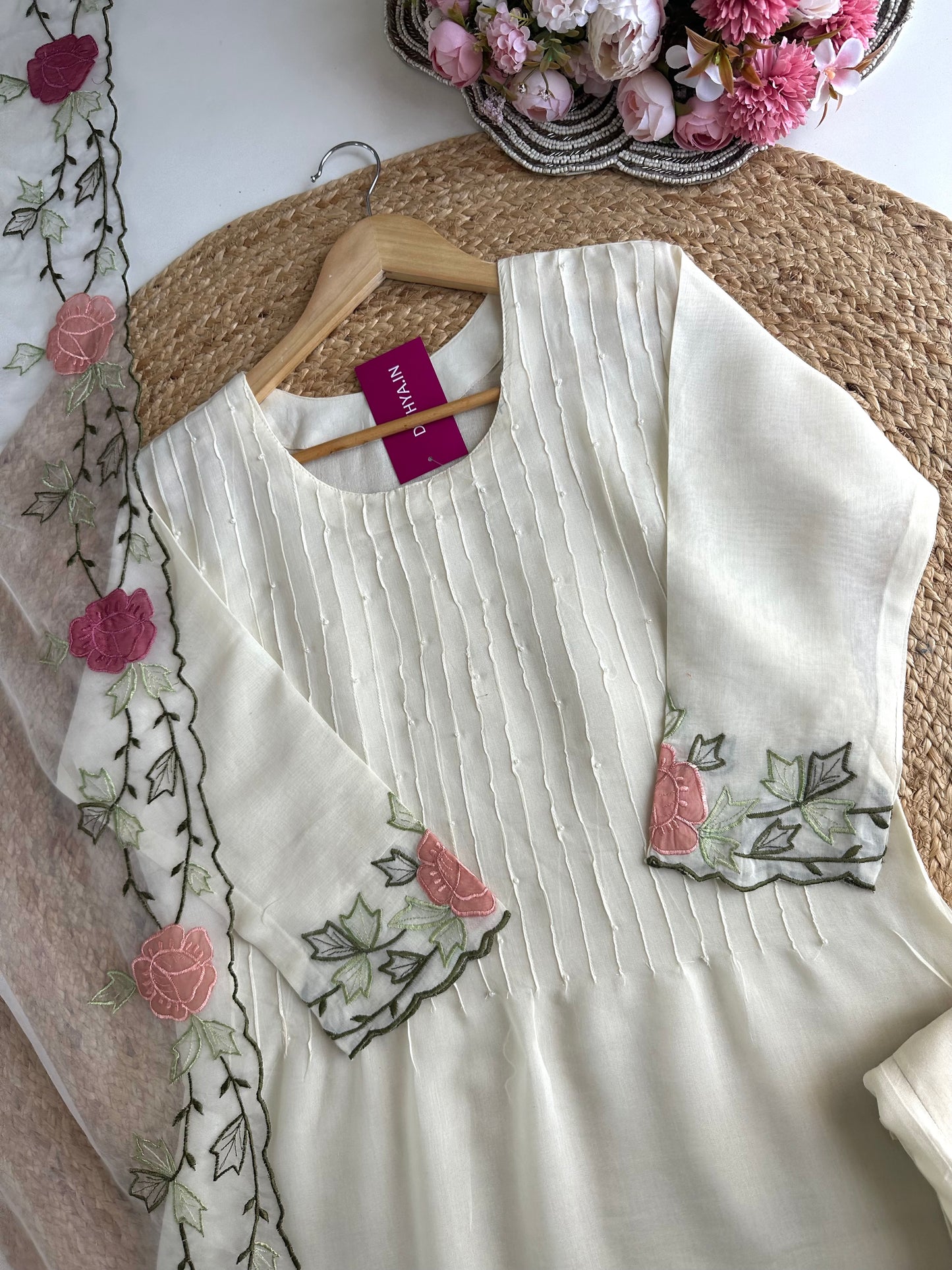 K291 - Mul Chanderi appliqué work Aline Kurti with pants and dupatta