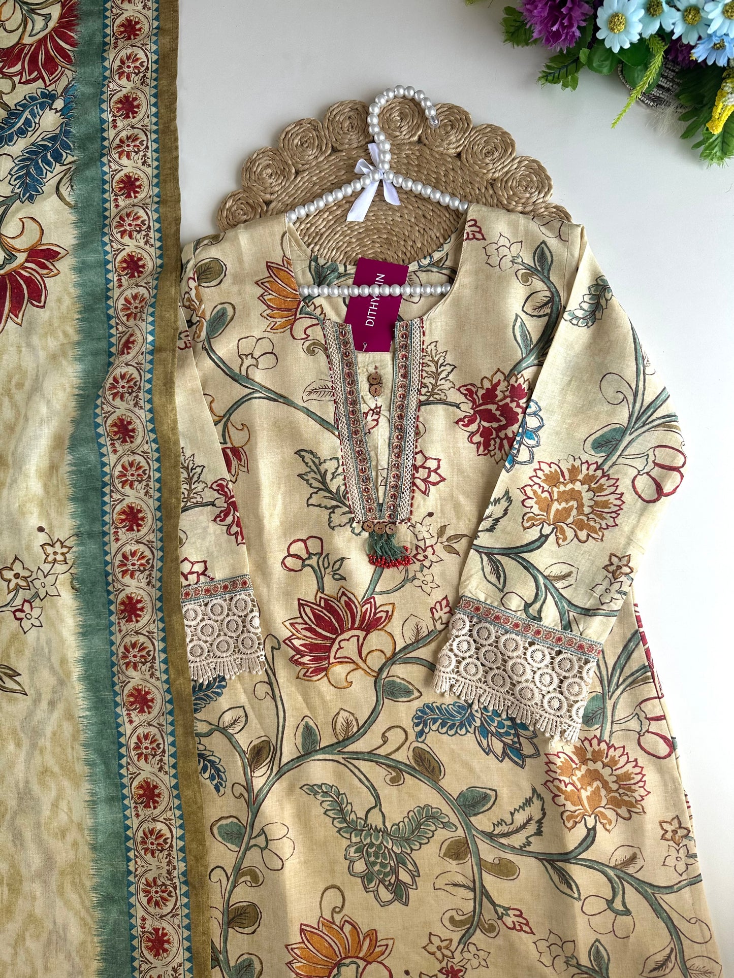 K022 - Muslin printed embroidered straight Kurti with pants and dupatta