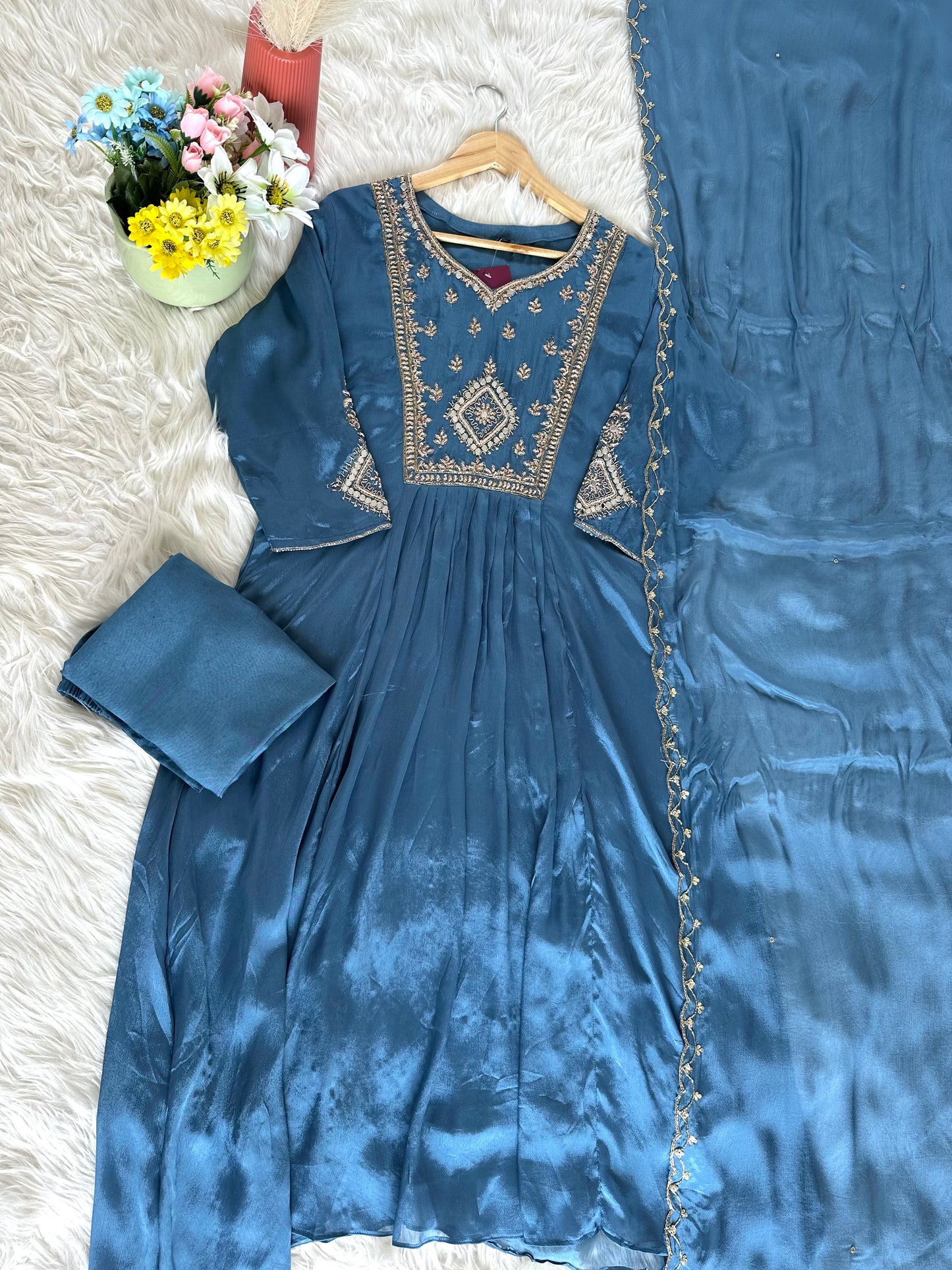 K399 - Handwork Chinnon Anarkali with pants and dupatta in 2 colour