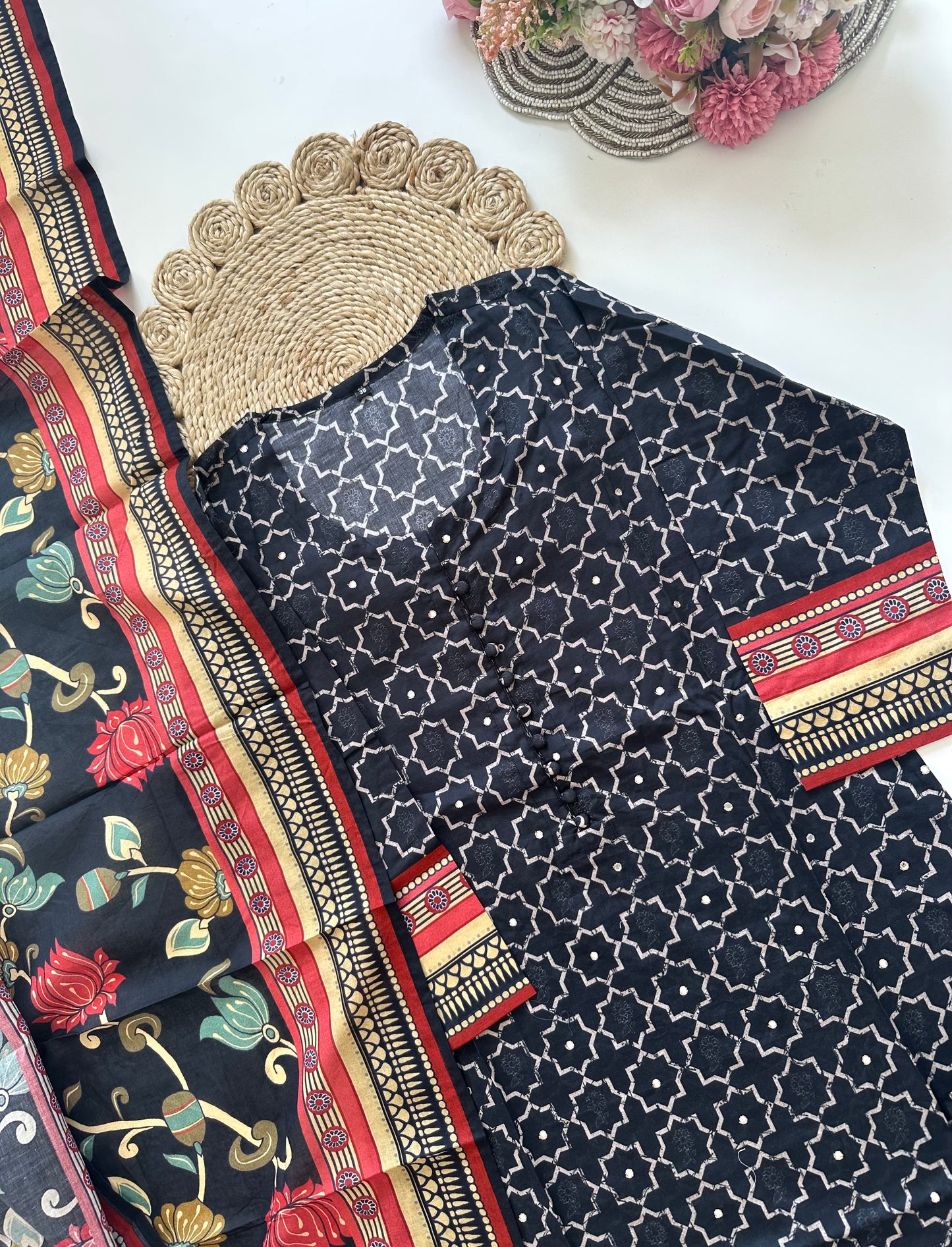 K365 - Cotton printed straight kurti with pants and dupatta in 2 colours .