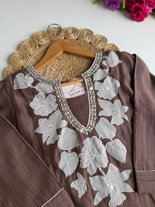 K224 - Mul chanderi embroidered handwork coord set