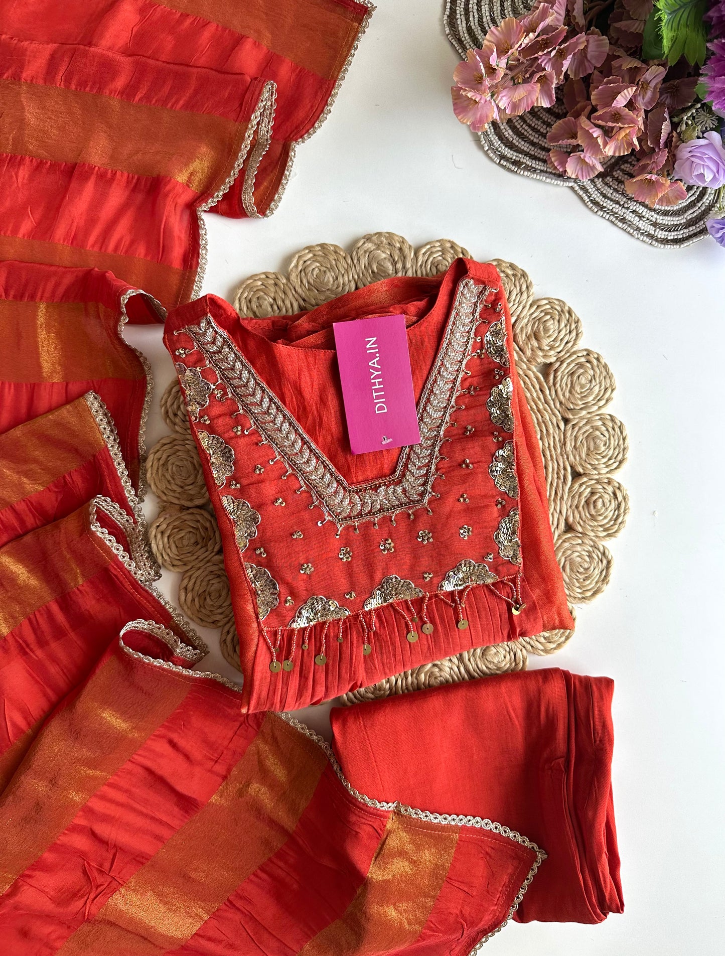 K405 - Mul Chanderi handwork Aline Kurti with pants and dupatta in 2 colours