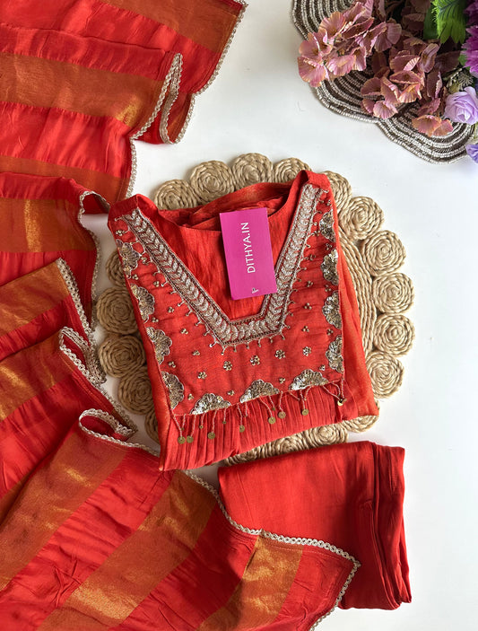 K405 - Mul Chanderi handwork Aline Kurti with pants and dupatta in 2 colours