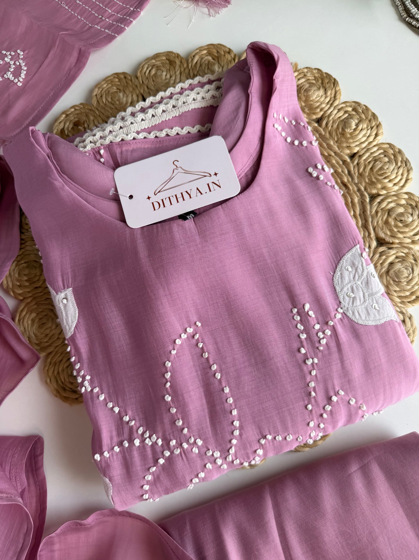 K480 - Mul chanderi embroidered aline Kurti with pants and dupatta