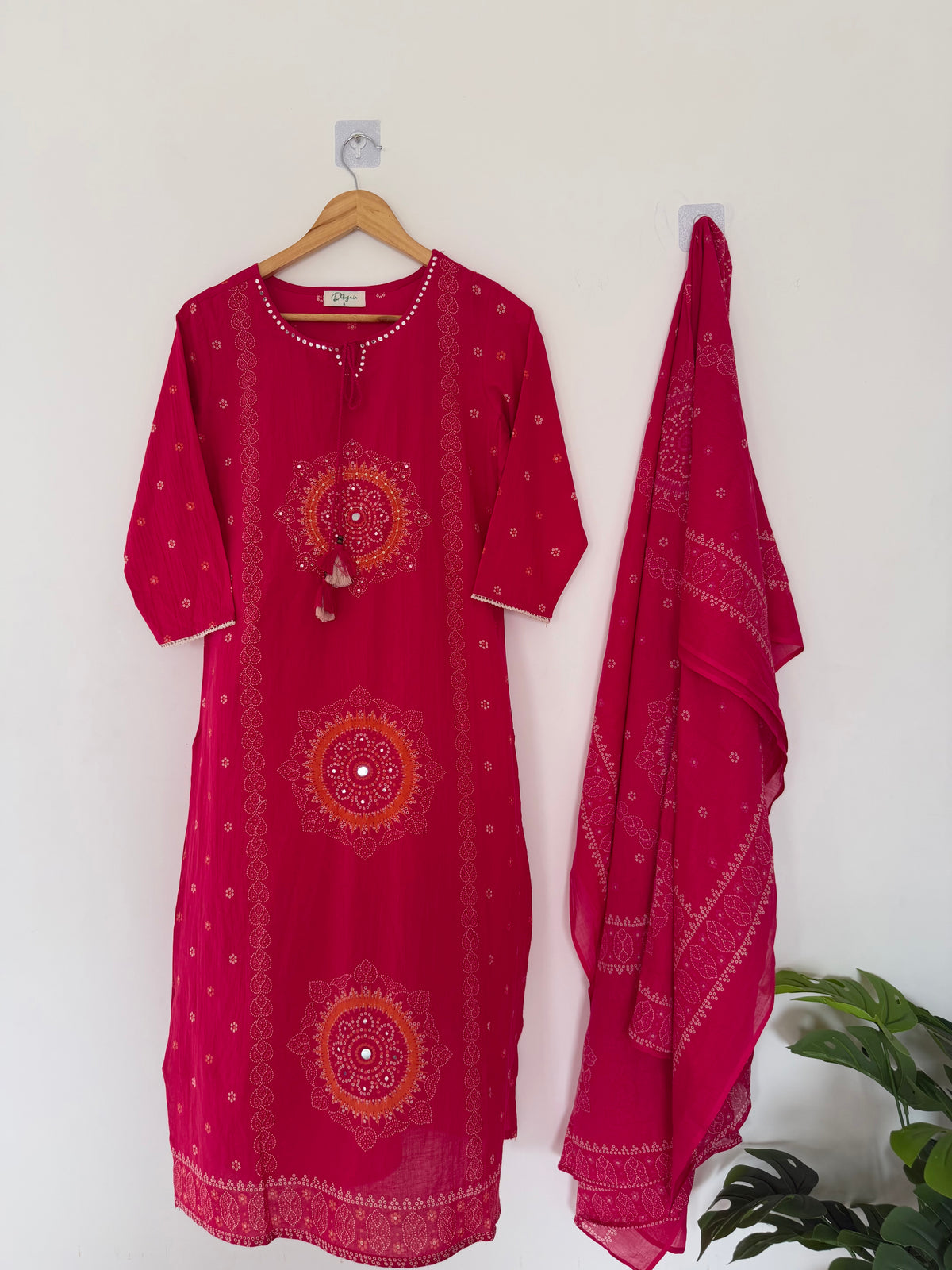 K097 - Mul cotton printed embroidered Aline Kurti with pants and dupatta