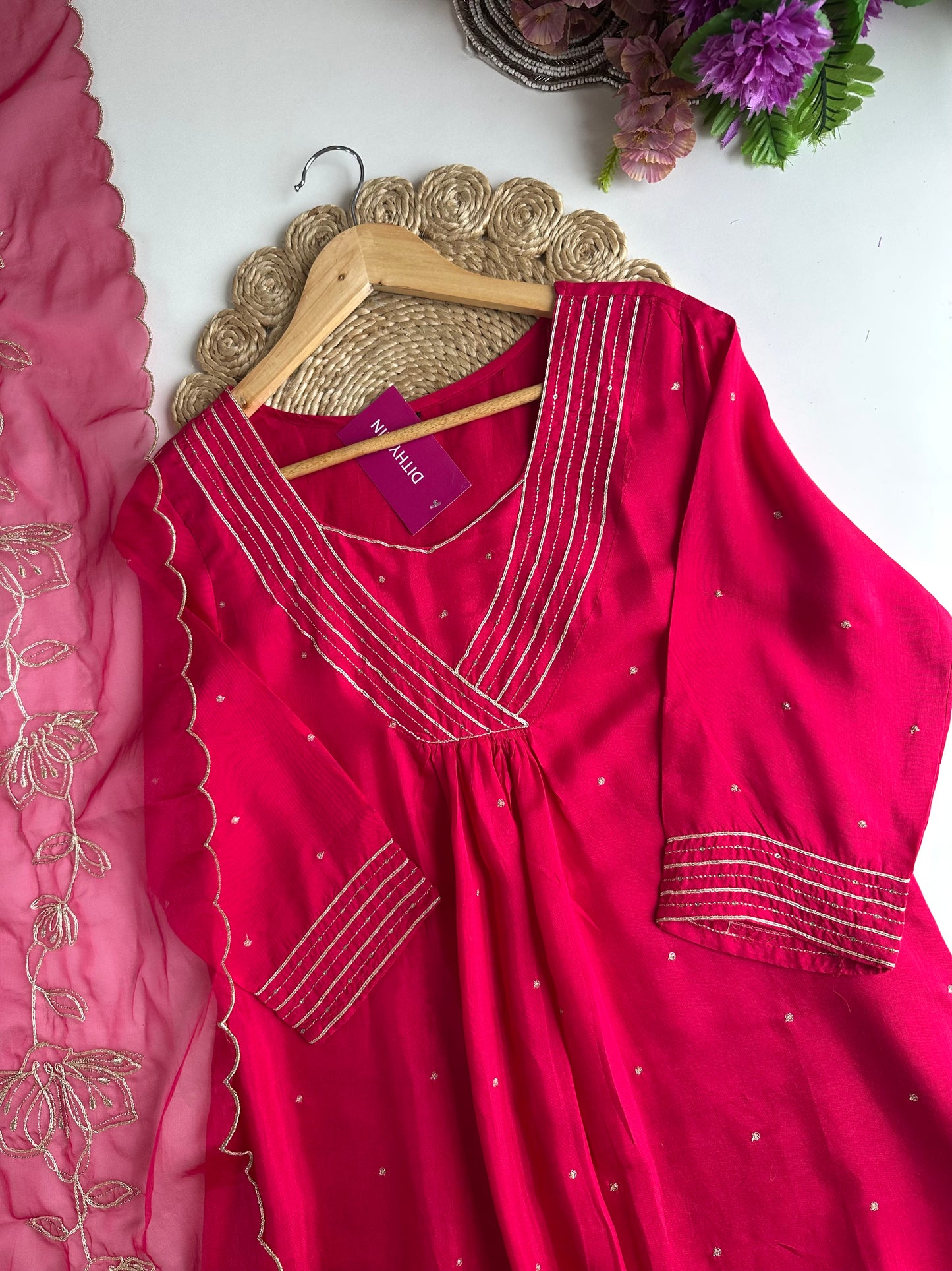 K345 - Russian silk embroidered Anarkali with pants and dupatta