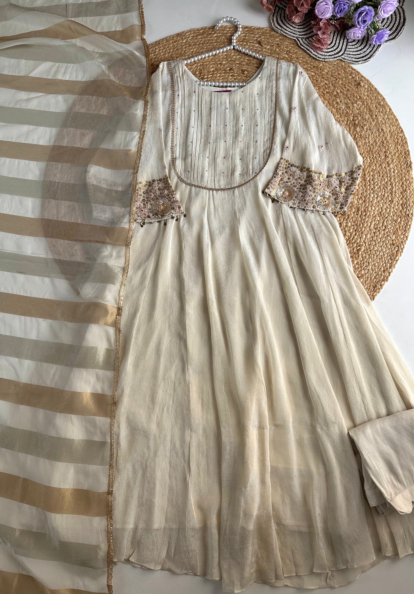 K006 - Crush tissue Anarkali with pants and dupatta