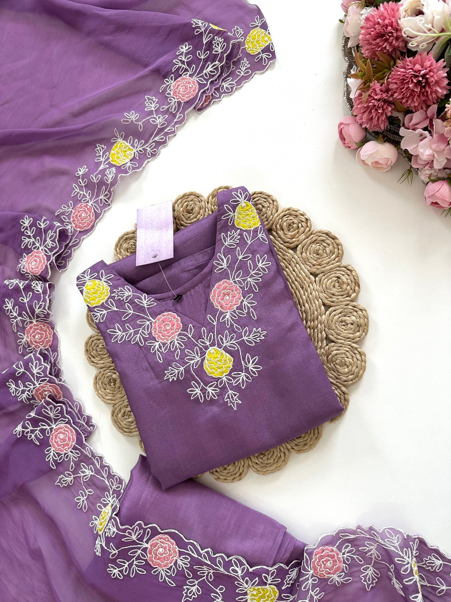 K361 - Russian silk appliqué work straight Kurti with pants and Dupatta in 2 colours
