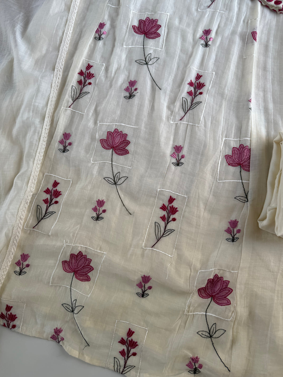 K303 - Mul chanderi embroidered Aline Kurti with pants and dupatta