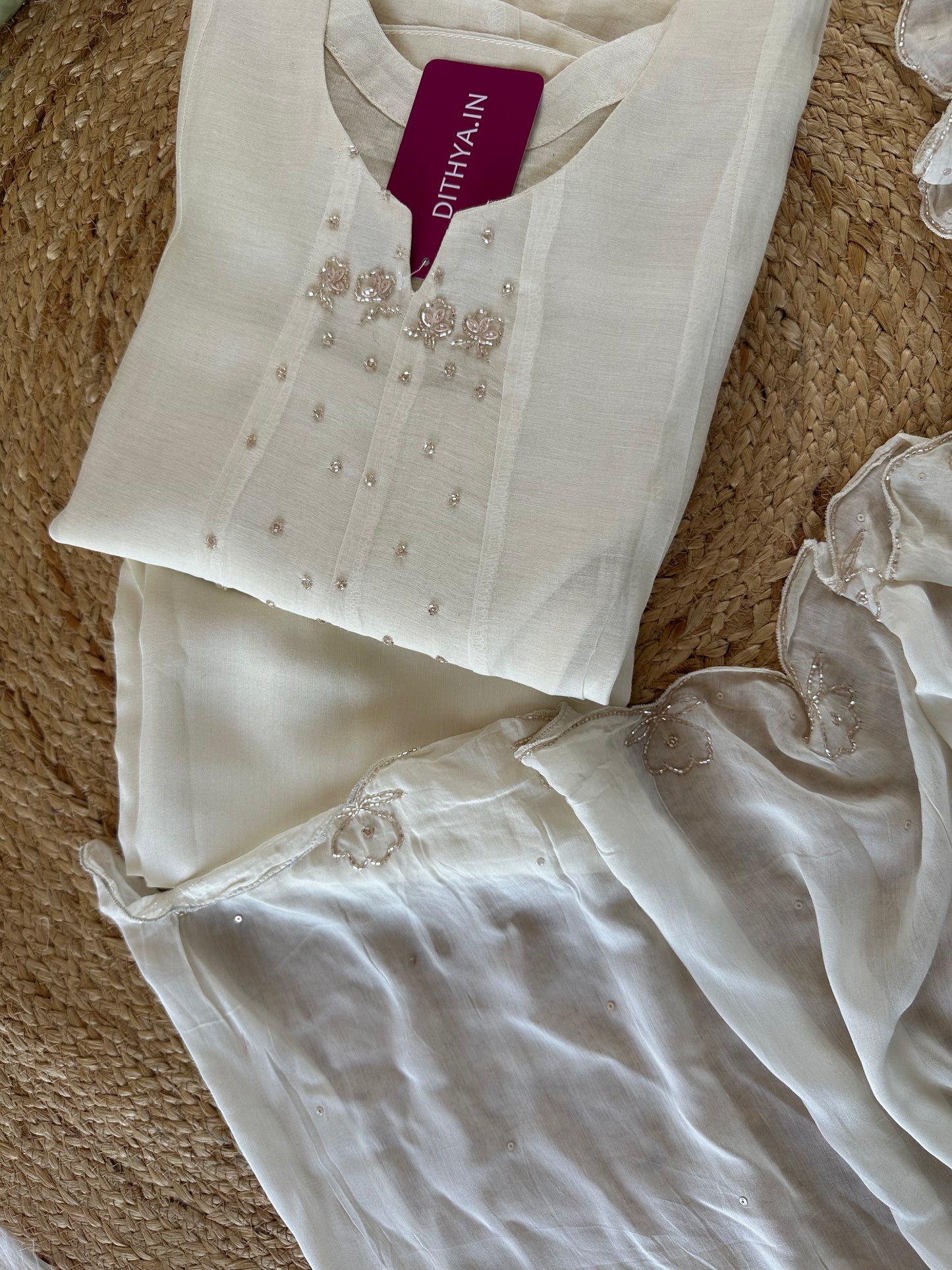 K211 - Mul Chanderi zardosi work Aline Kurti with pants and dupatta