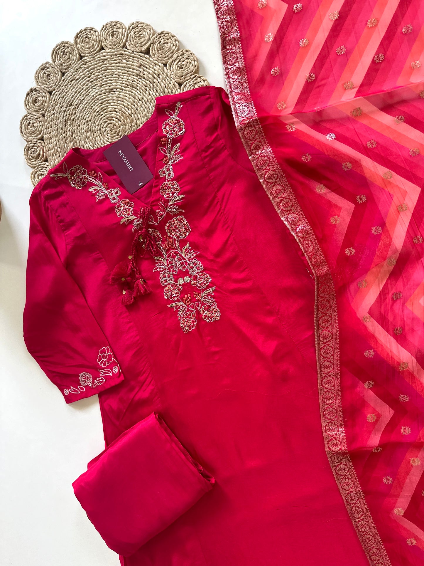 K017 - Russian silk handwork Aline Kurti with pants and dupatta