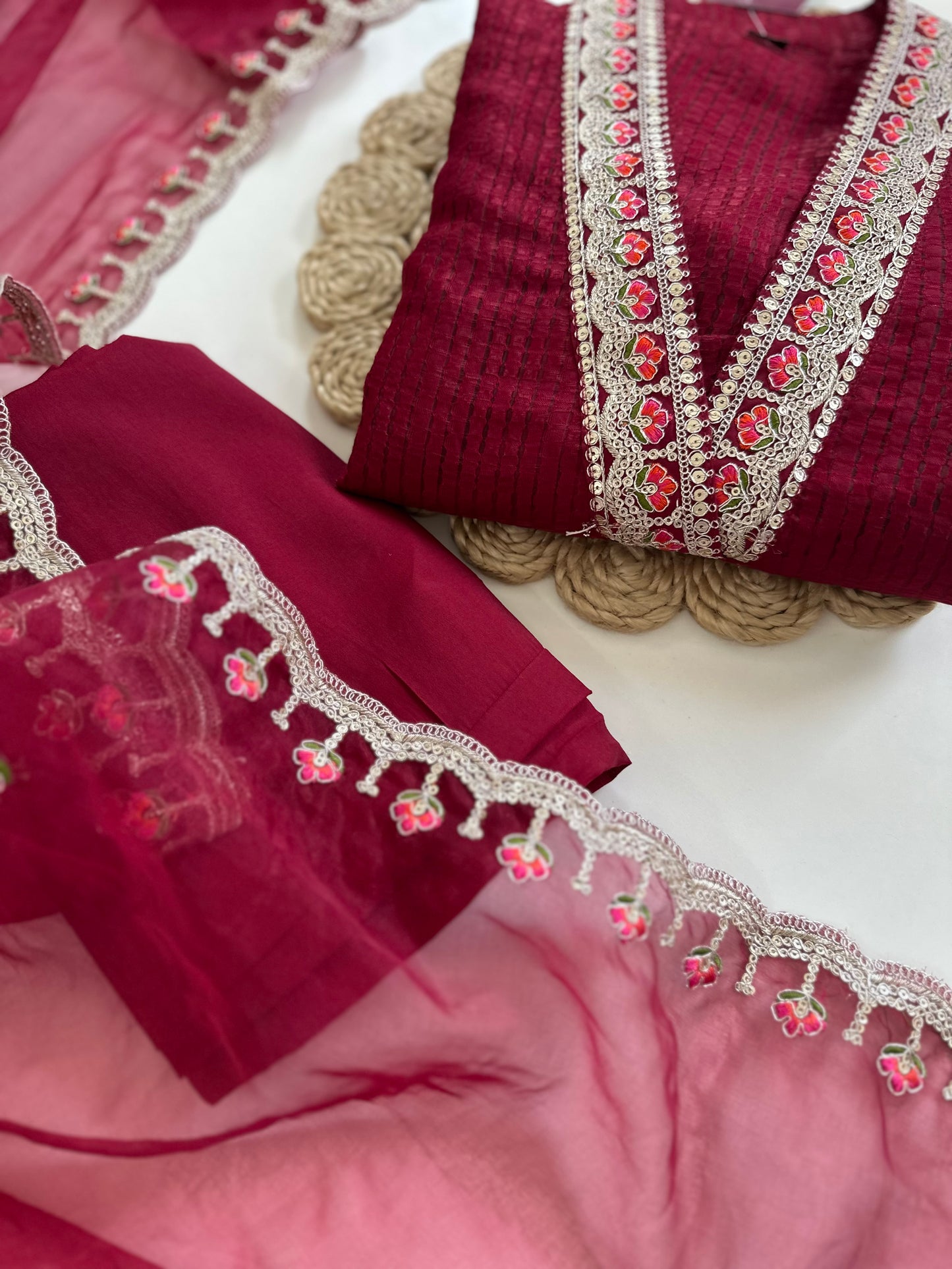K107 - Jacquard silk Collar neck straight kurti with pants and dupatta in 2 colours