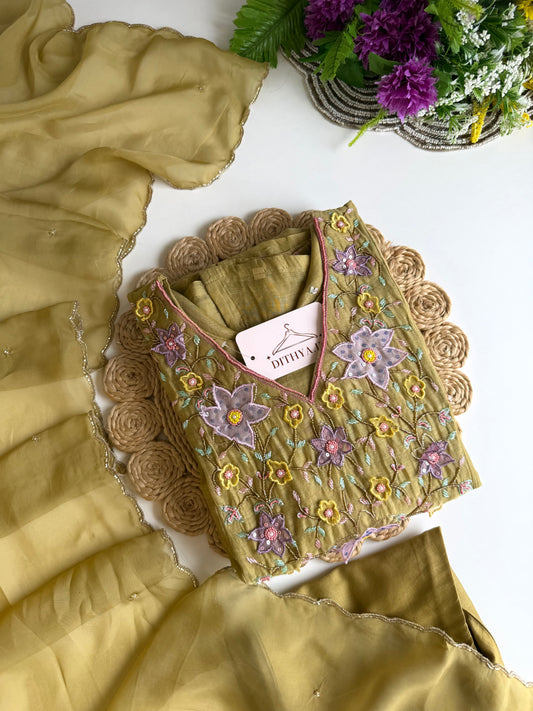 K298 - Mul chanderi 3D handwork Aline Kurti with pants and dupatta