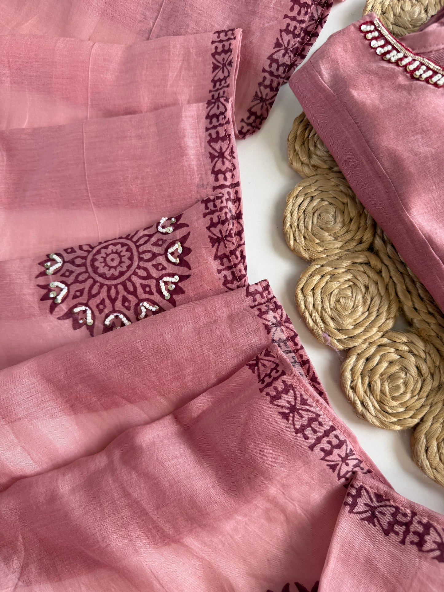 K560 - Mul chanderi Handwork Aline Kurti with pants and dupatta
