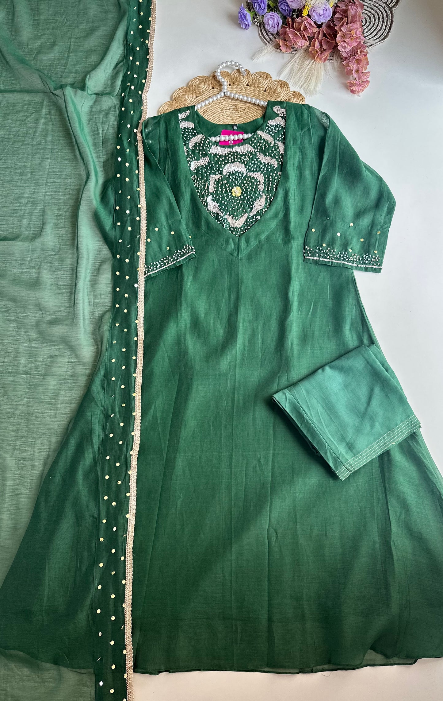 K032 - Pure mul Chanderi handwork Aline Kurti with pants and dupatta in 2 colours