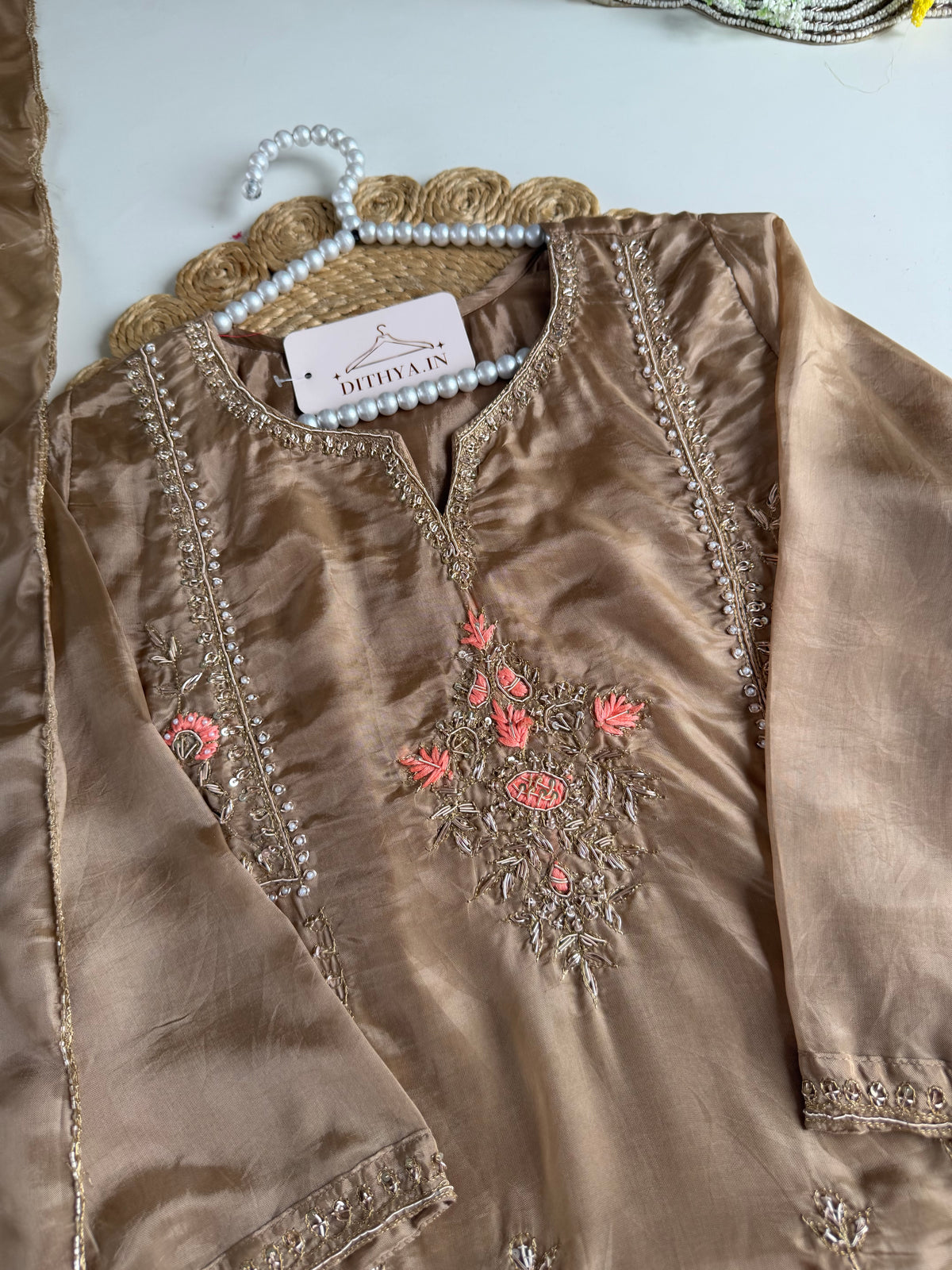 K653 - Tissue silk handwork Anarkali with pants and dupatta