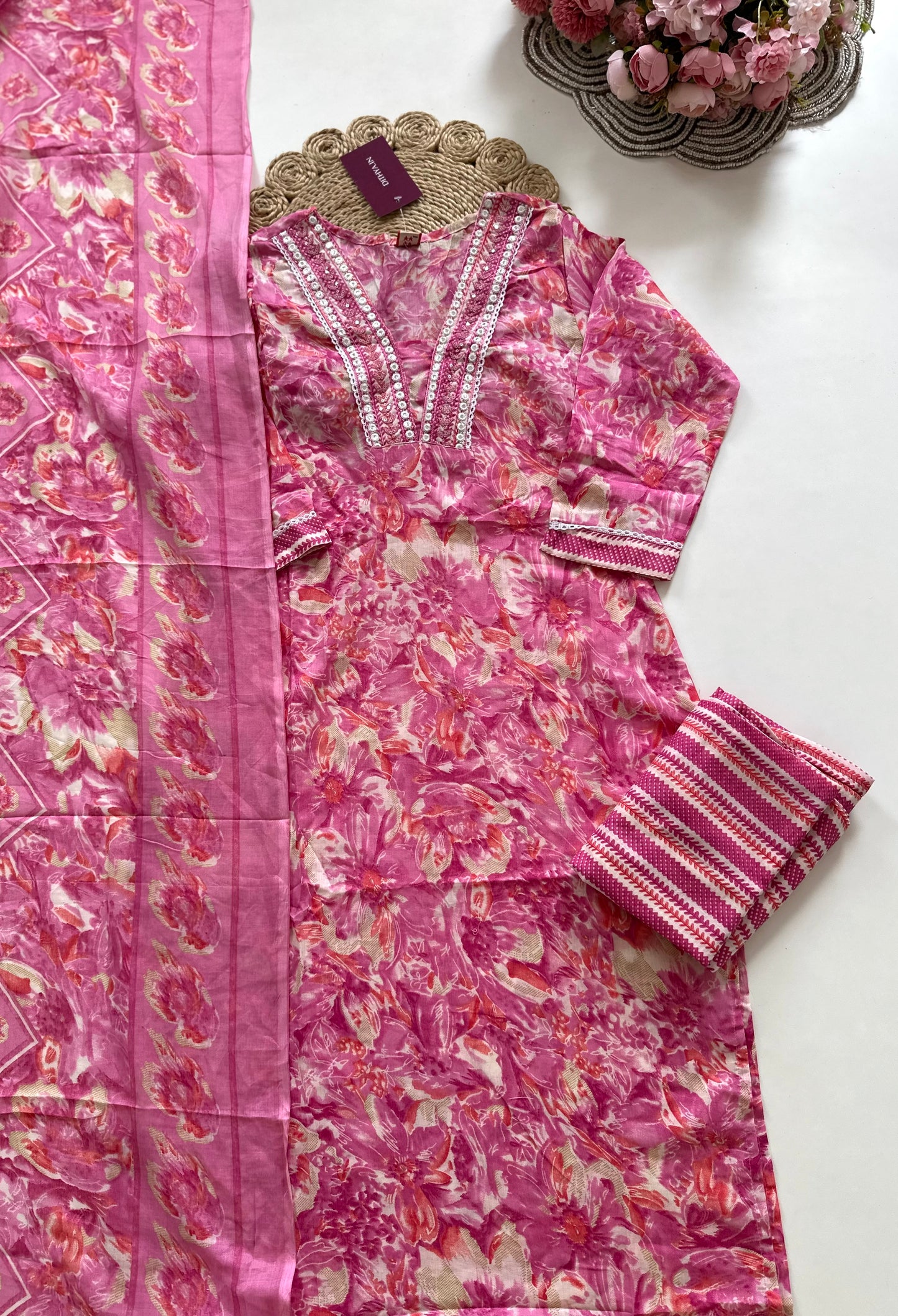 K387 - Cotton floral straight Kurti with pants and dupatta in 4 colours