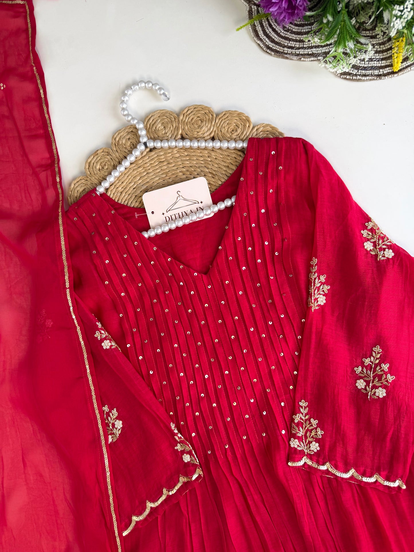 K537 - Mul chanderi handwork Aline Kurti with pants and dupatta