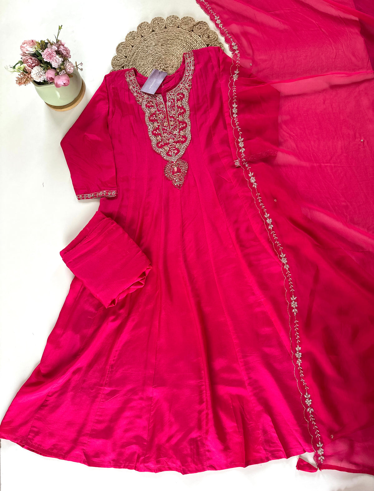 K163 - Russian silk handwork Anarkali with pants and organza dupatta